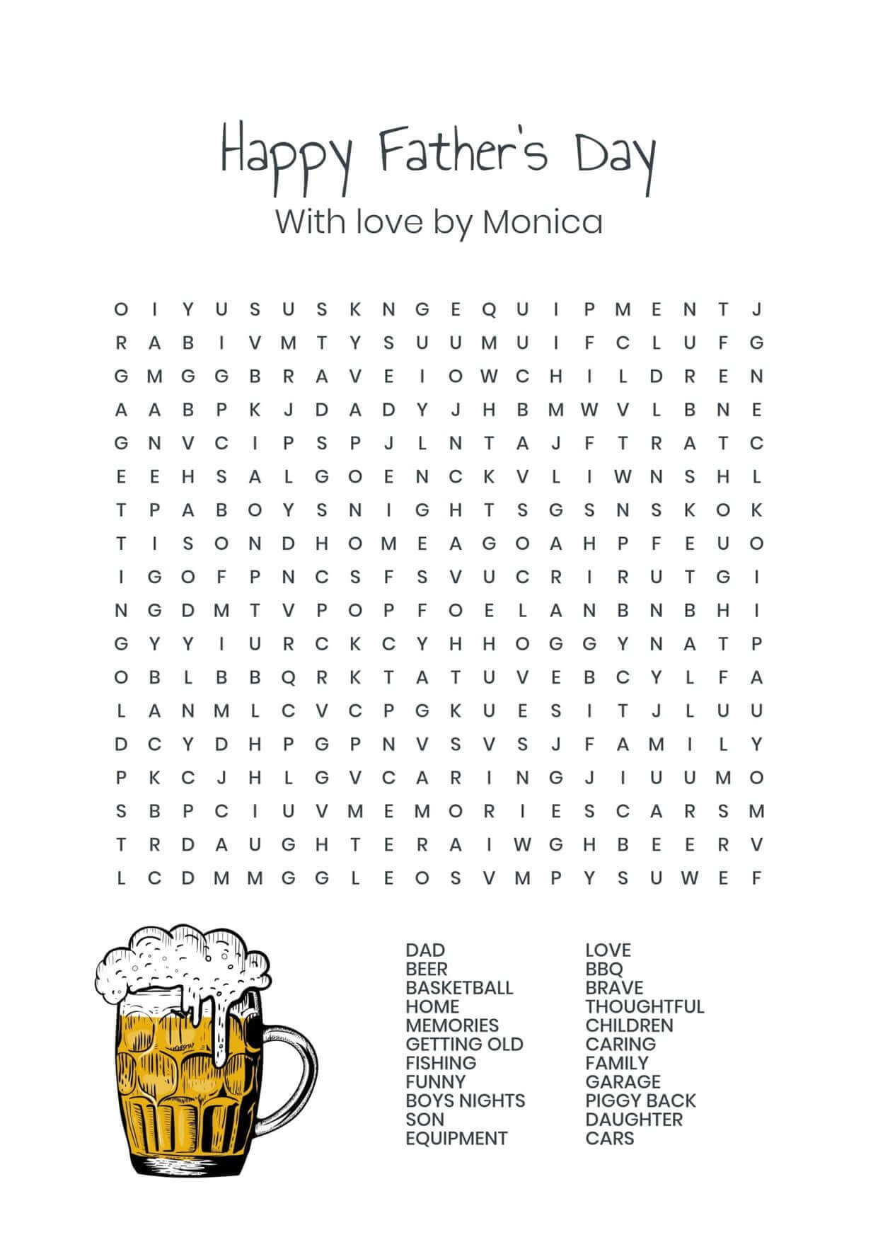 Custom beer fathers day wordsearch