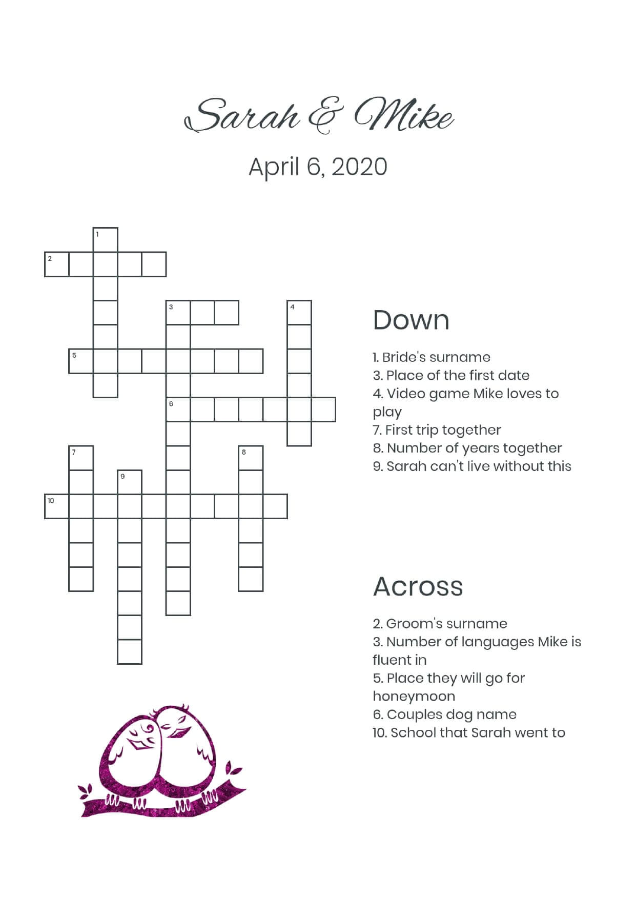 Custom birds cuddling wedding crossword