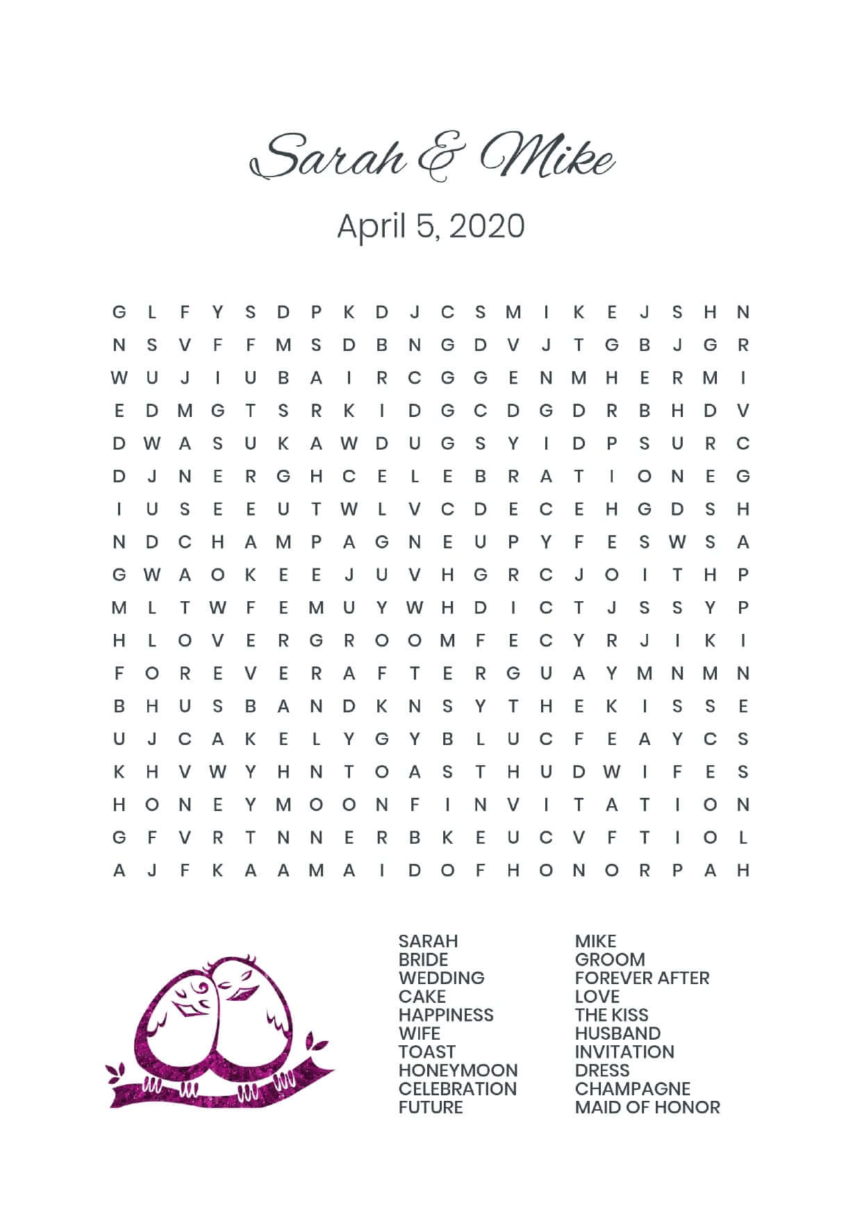 Custom birds cuddling wedding wordsearch