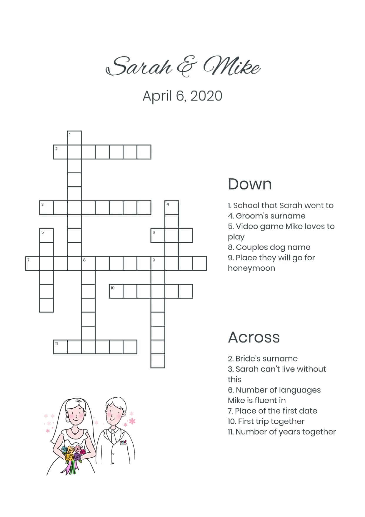 Custom bride and groom cute wedding crossword