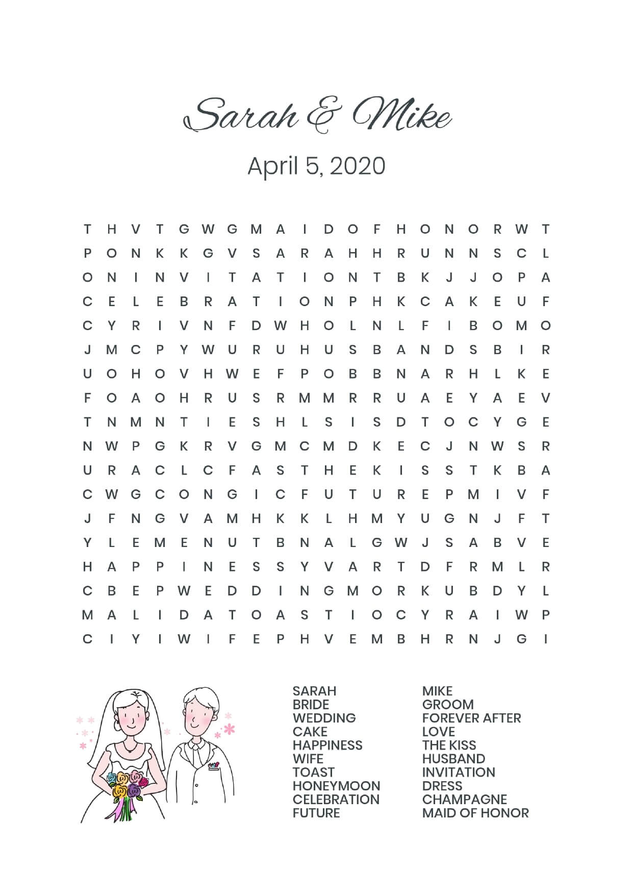 Custom bride and groom cute wedding wordsearch