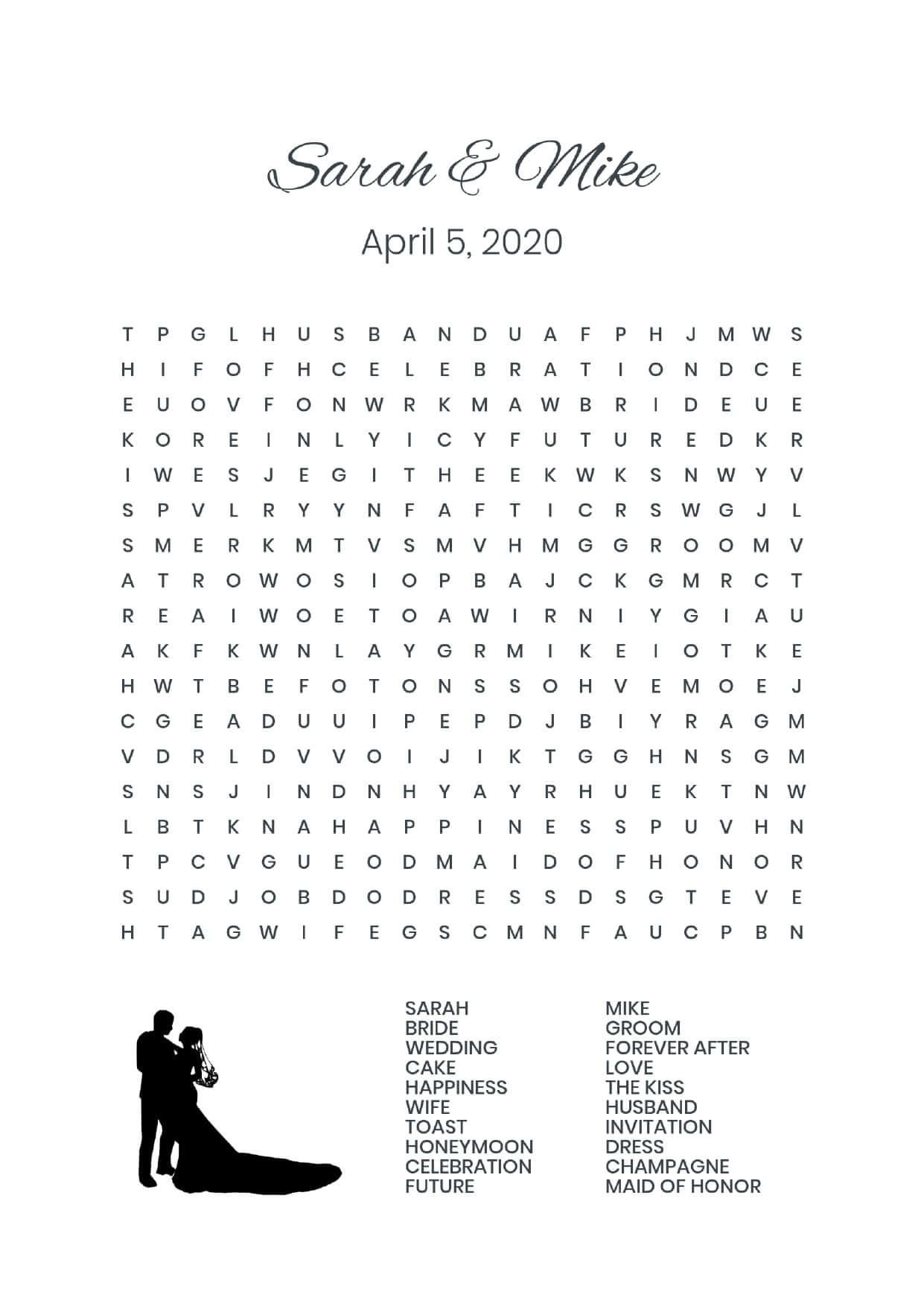 Custom couple dancing wedding wordsearch