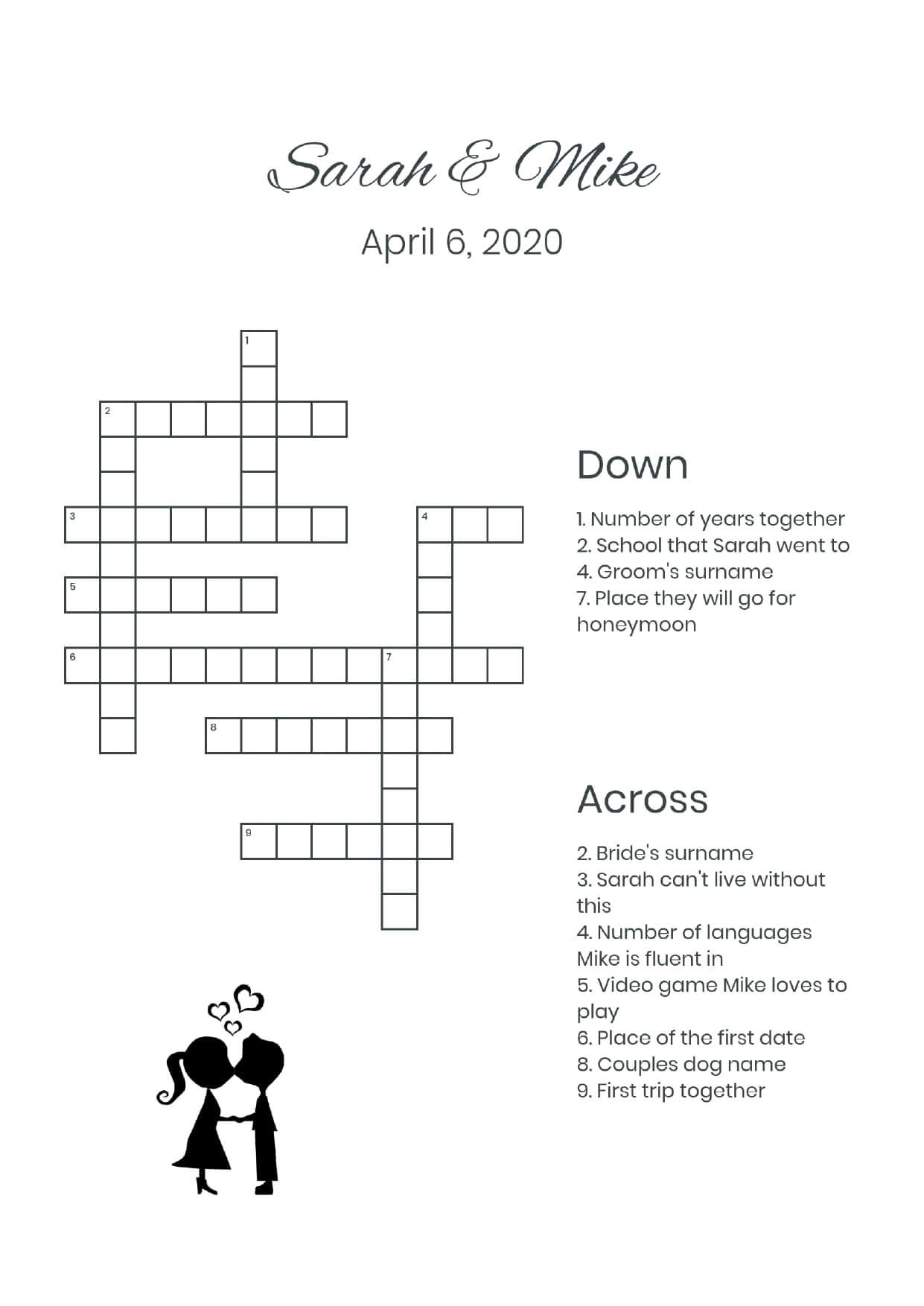 Custom couple kissing wedding crossword