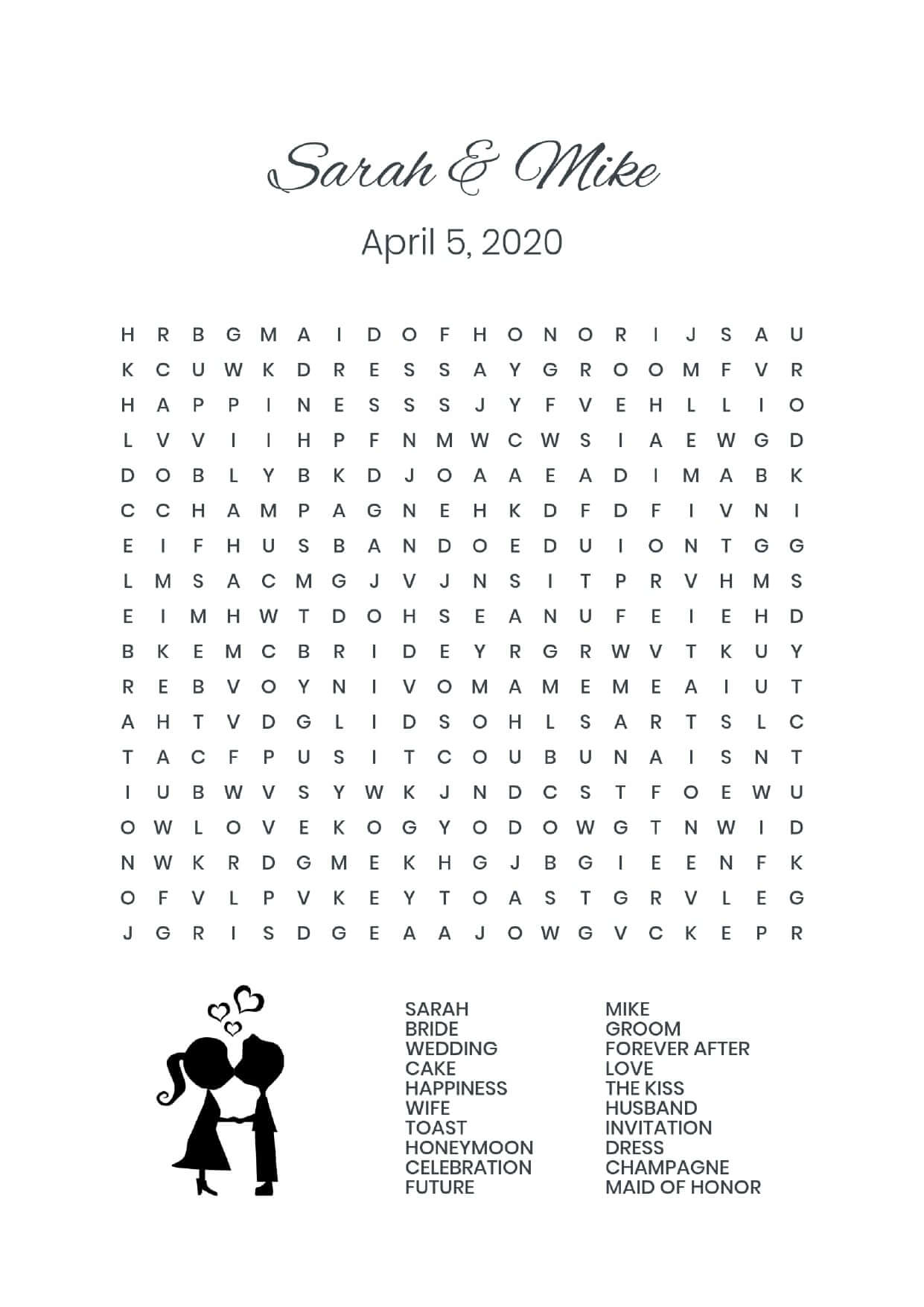 Custom couple kissing wedding wordsearch