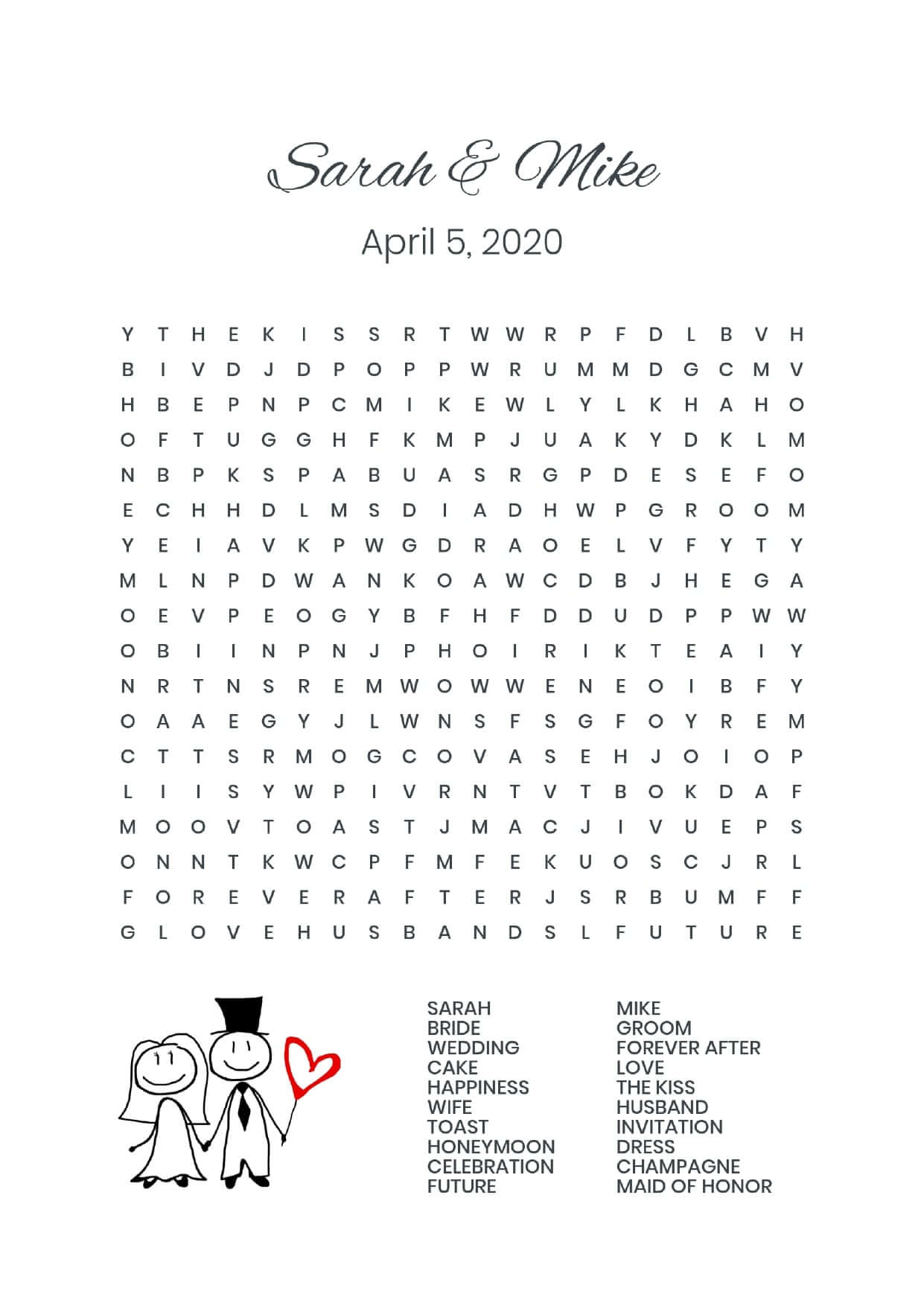 Custom cute couple 1 wedding wordsearch