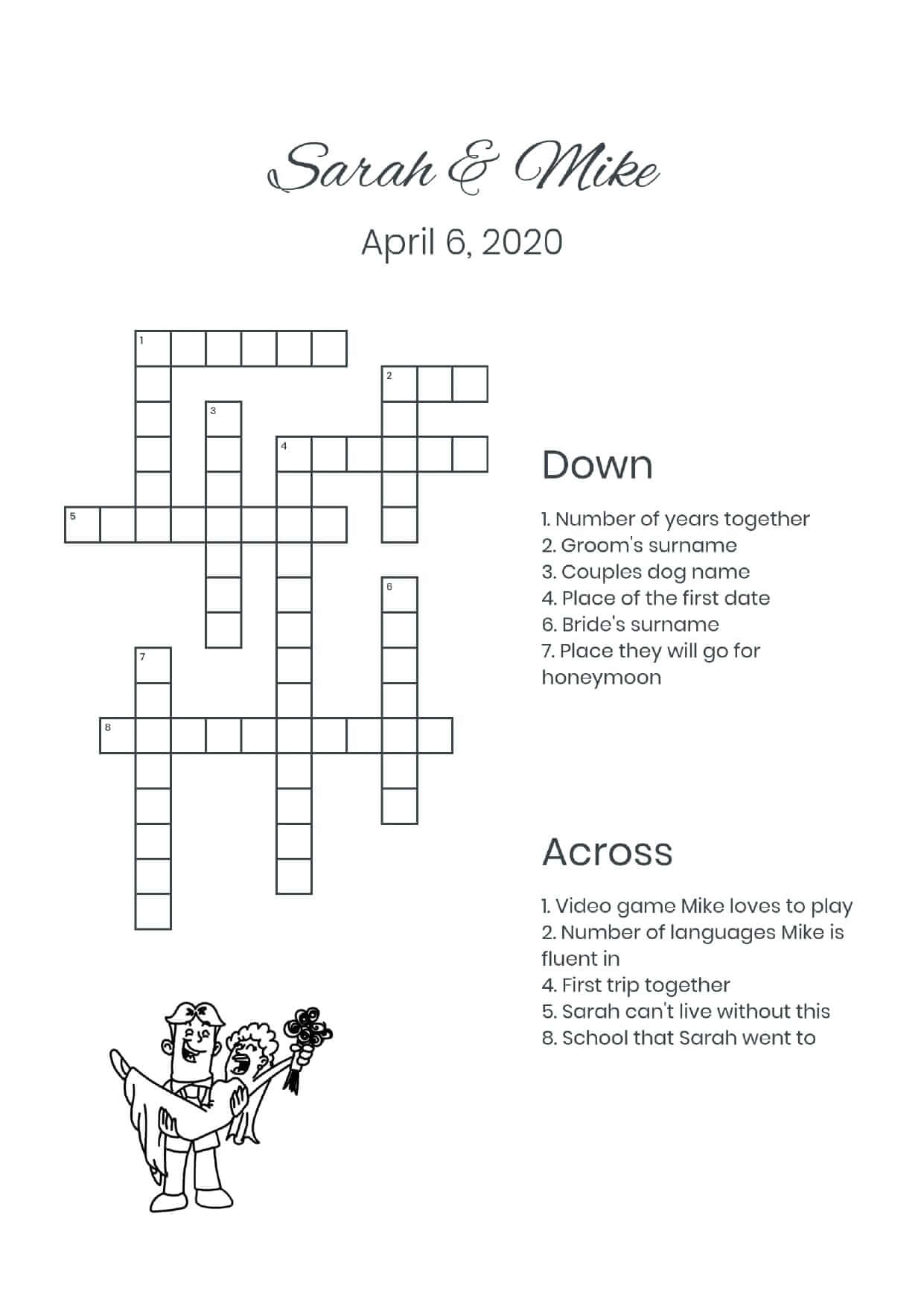 Custom cute couple 2 wedding crossword
