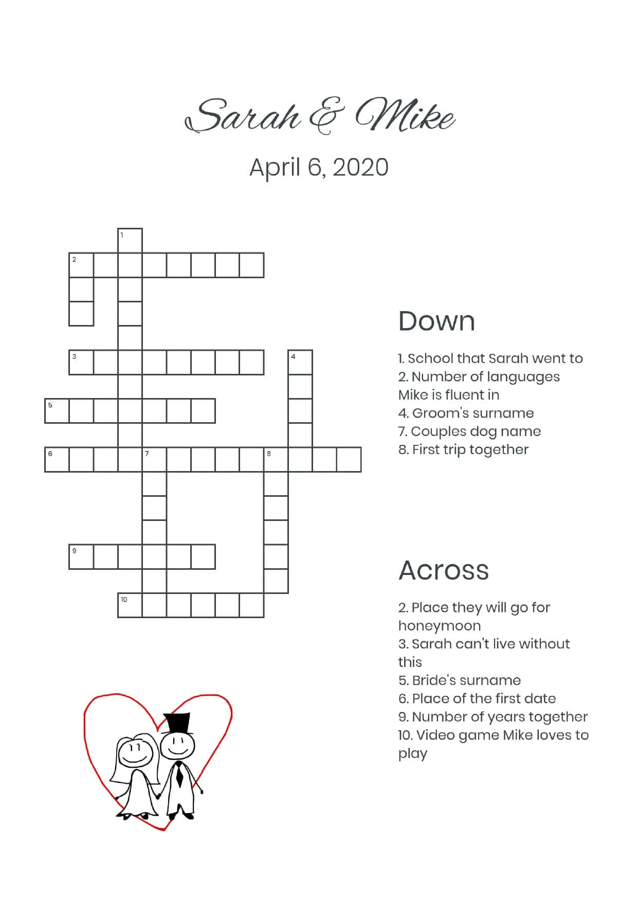 Custom cute couple 3 wedding crossword