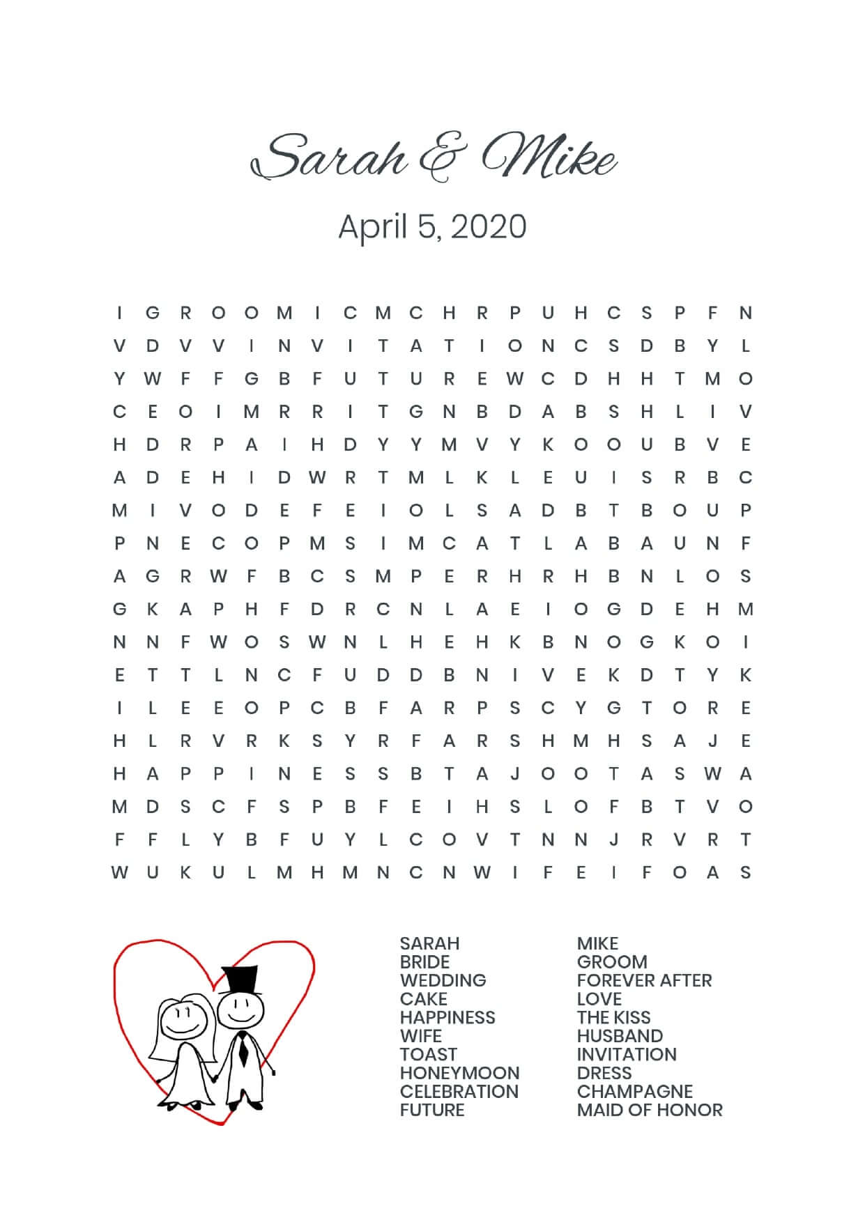 Custom cute couple 3 wedding wordsearch