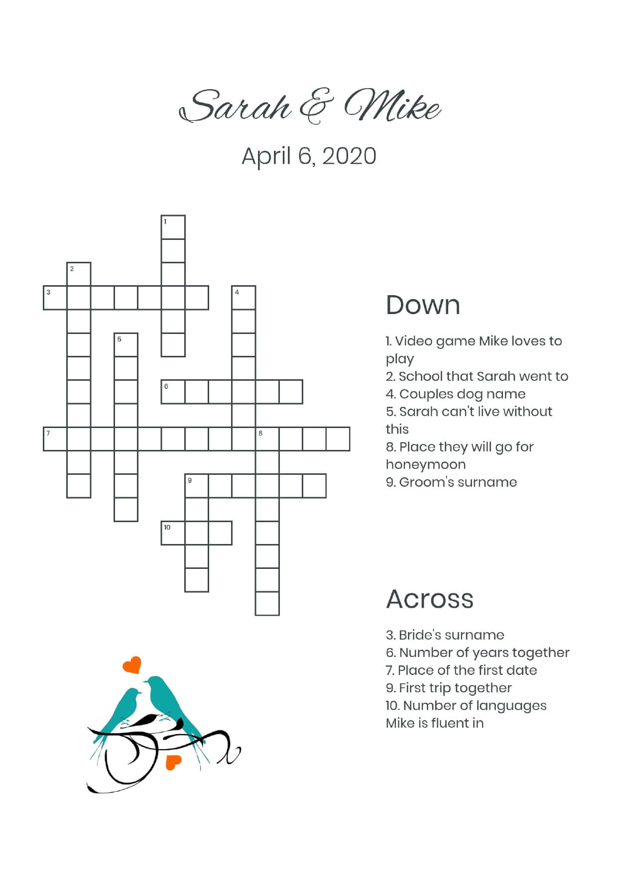 Custom green birds wedding crossword