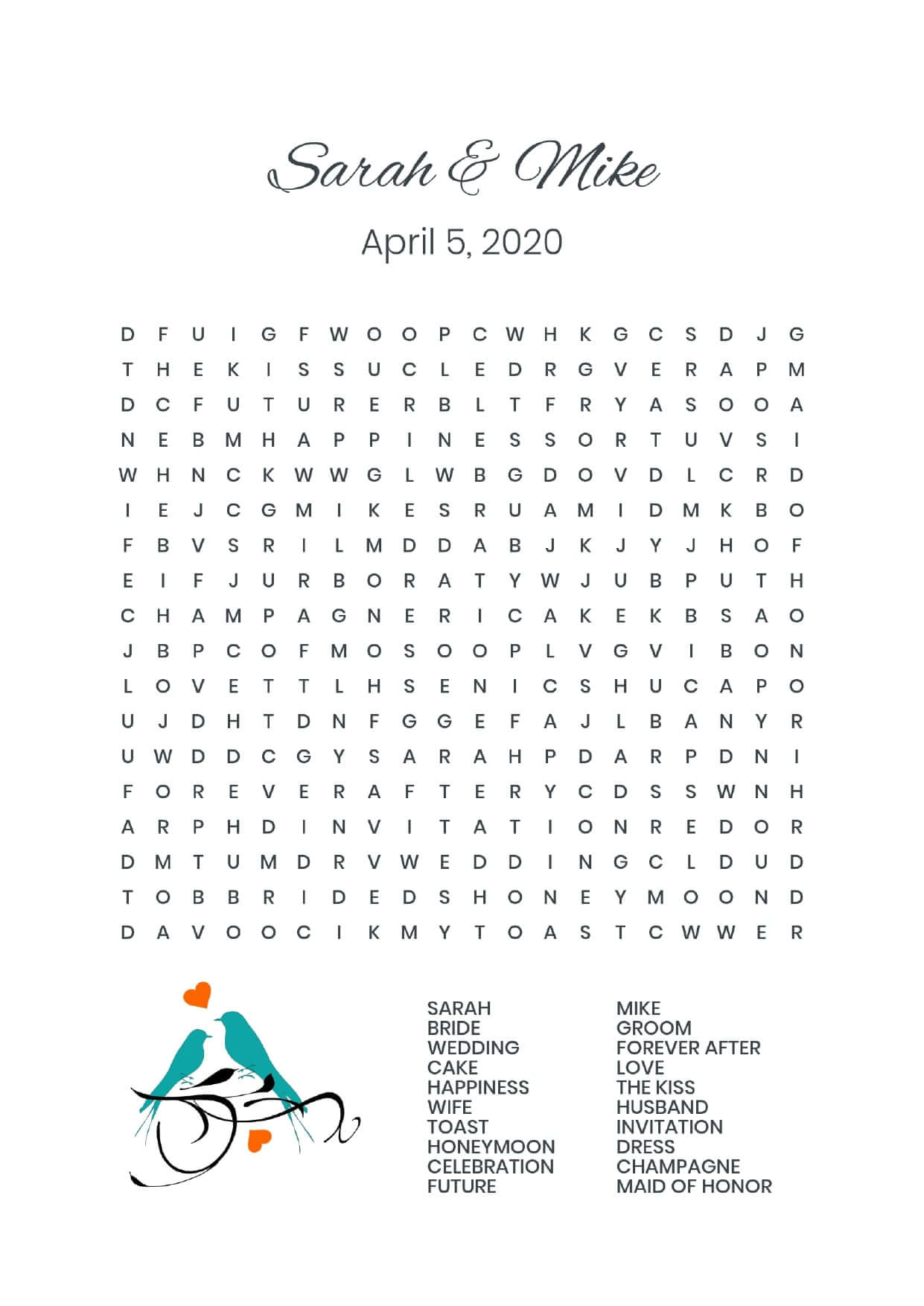Custom green birds wedding wordsearch