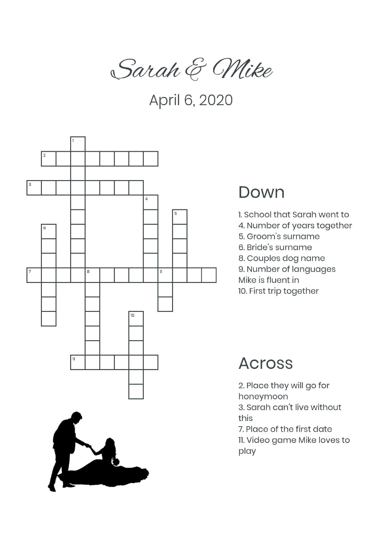 Custom groom picking up bride wedding crossword