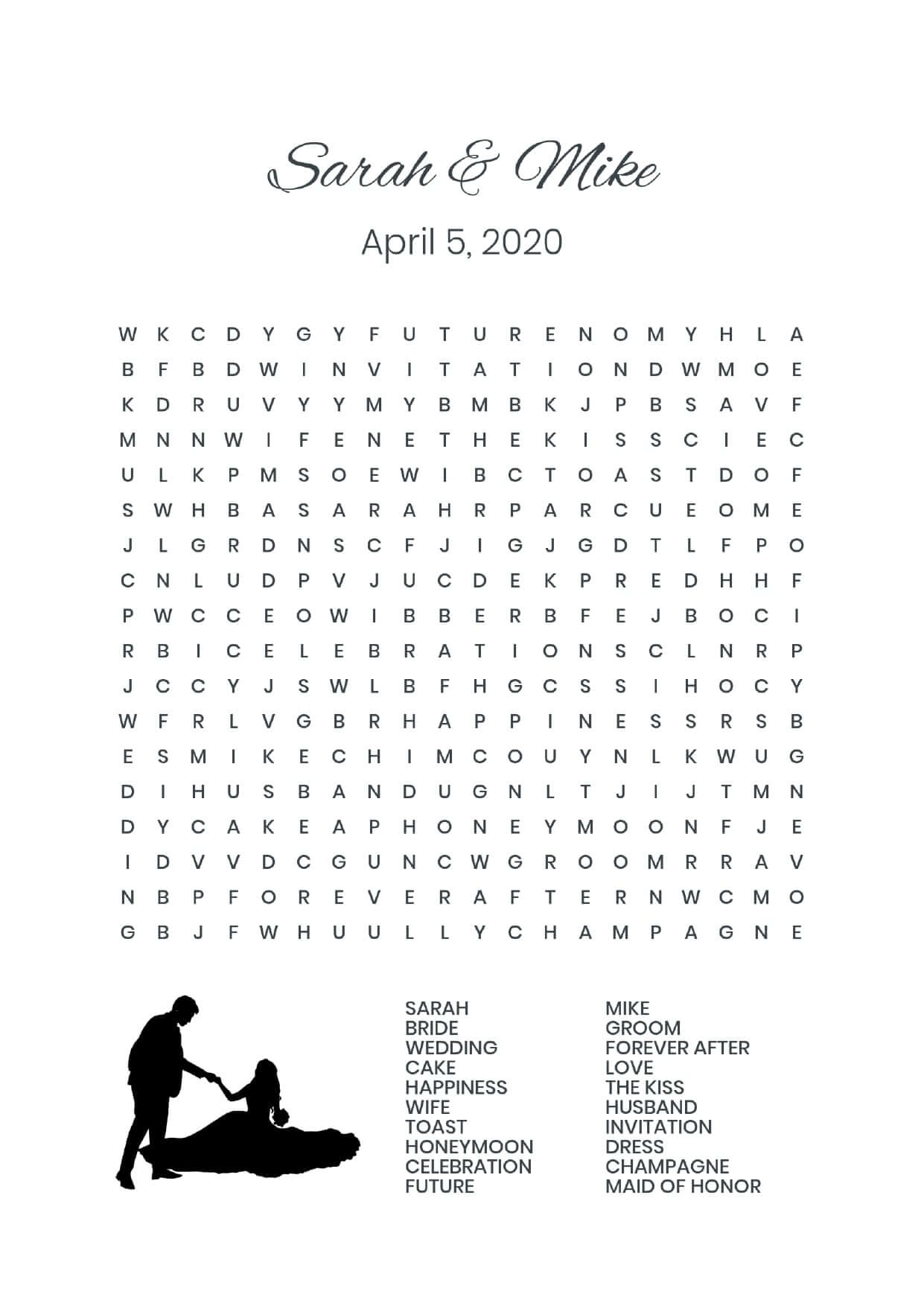 Custom groom picking up bride wedding wordsearch