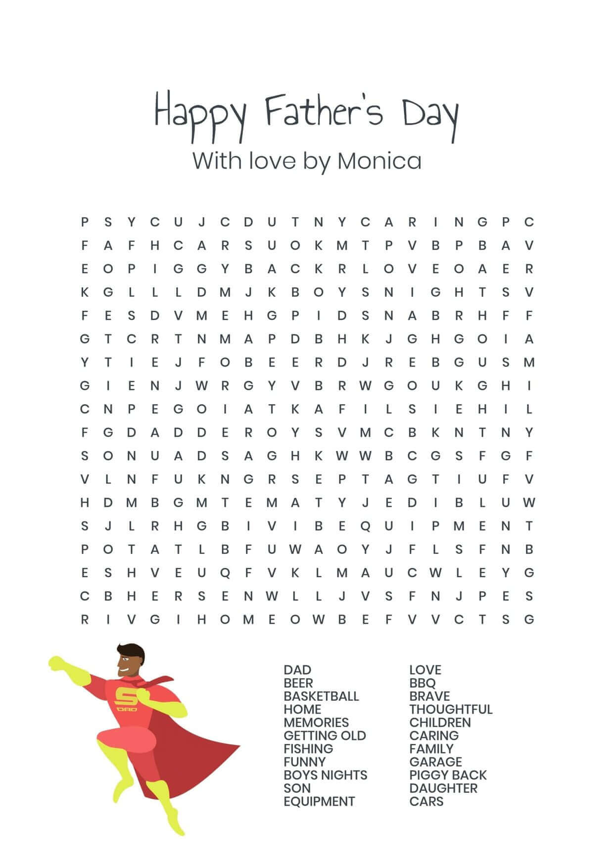Custom super dad fathers day wordsearch