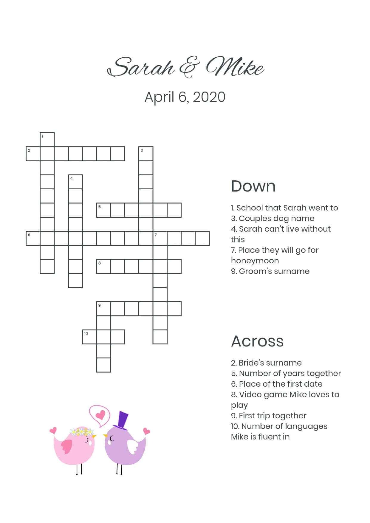Custom wedding birds wedding crossword
