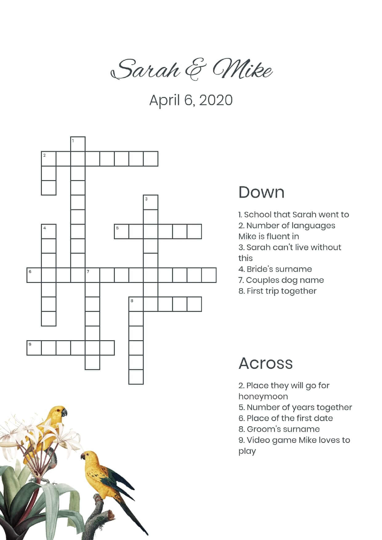 Custom yellow birds wedding crossword