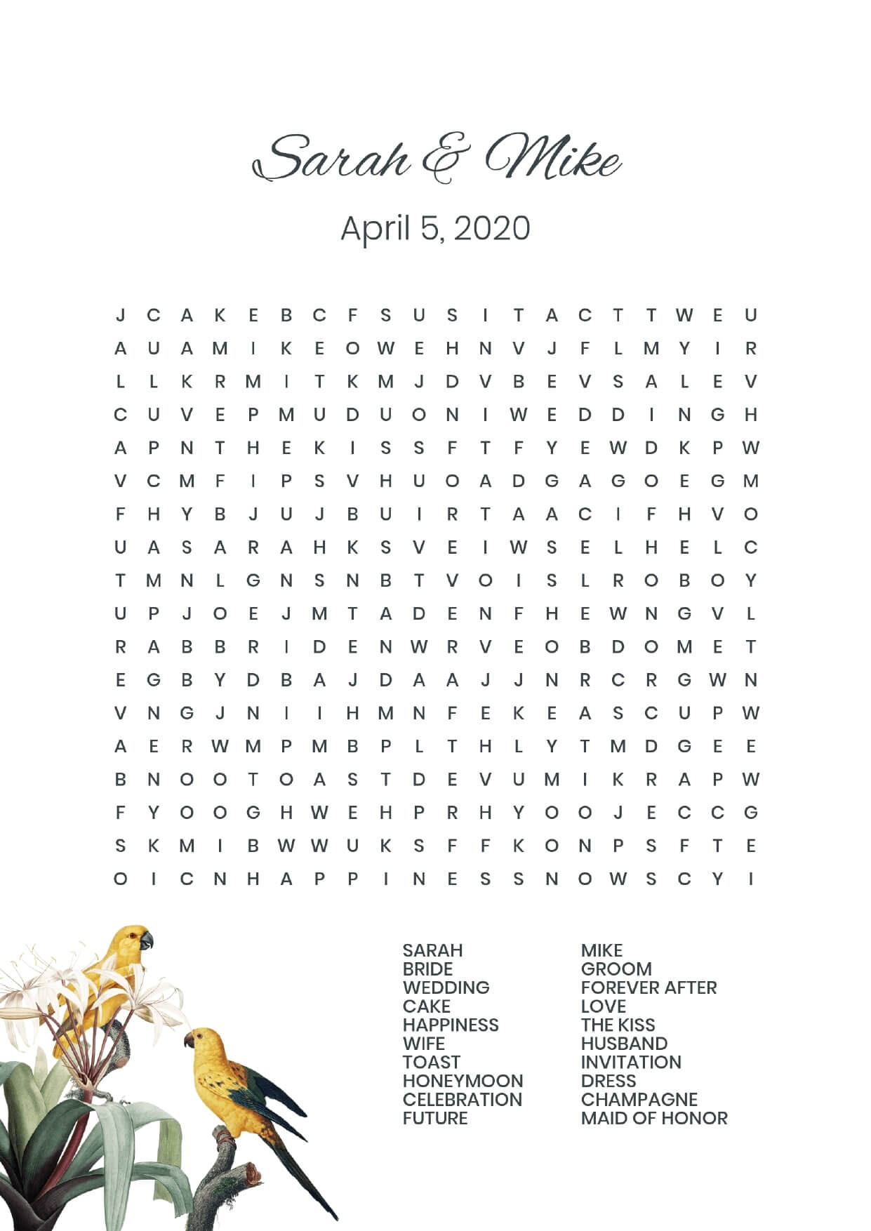 Custom yellow birds wedding wordsearch