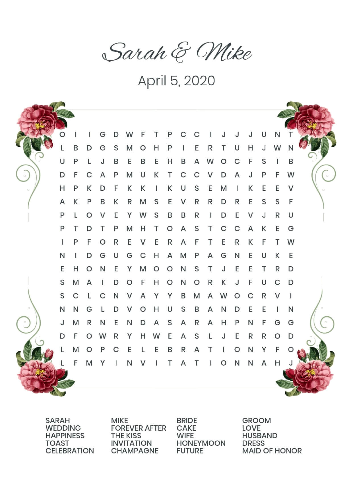 Custom 4 roses wedding wordsearch