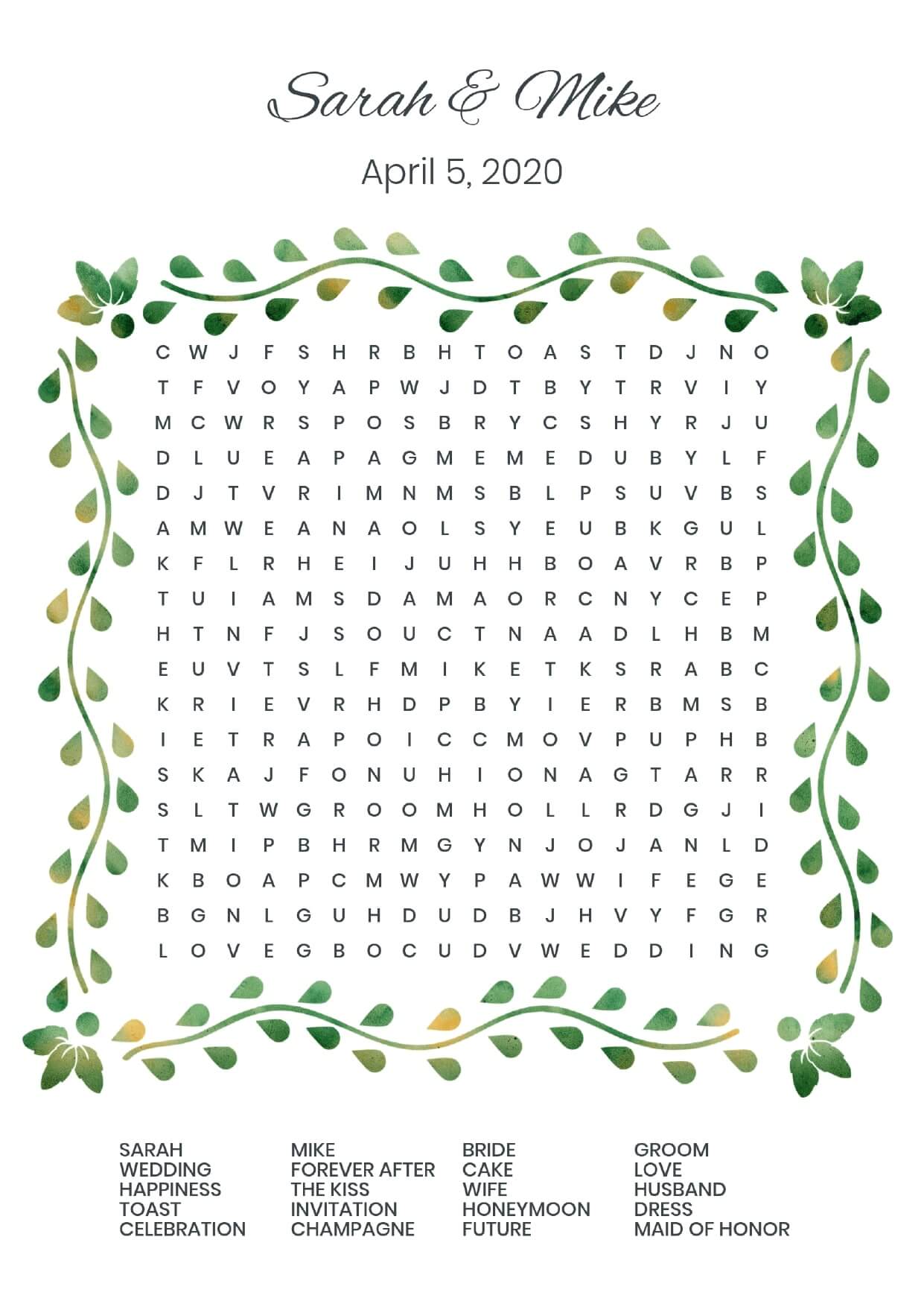 Custom leaves wedding wordsearch