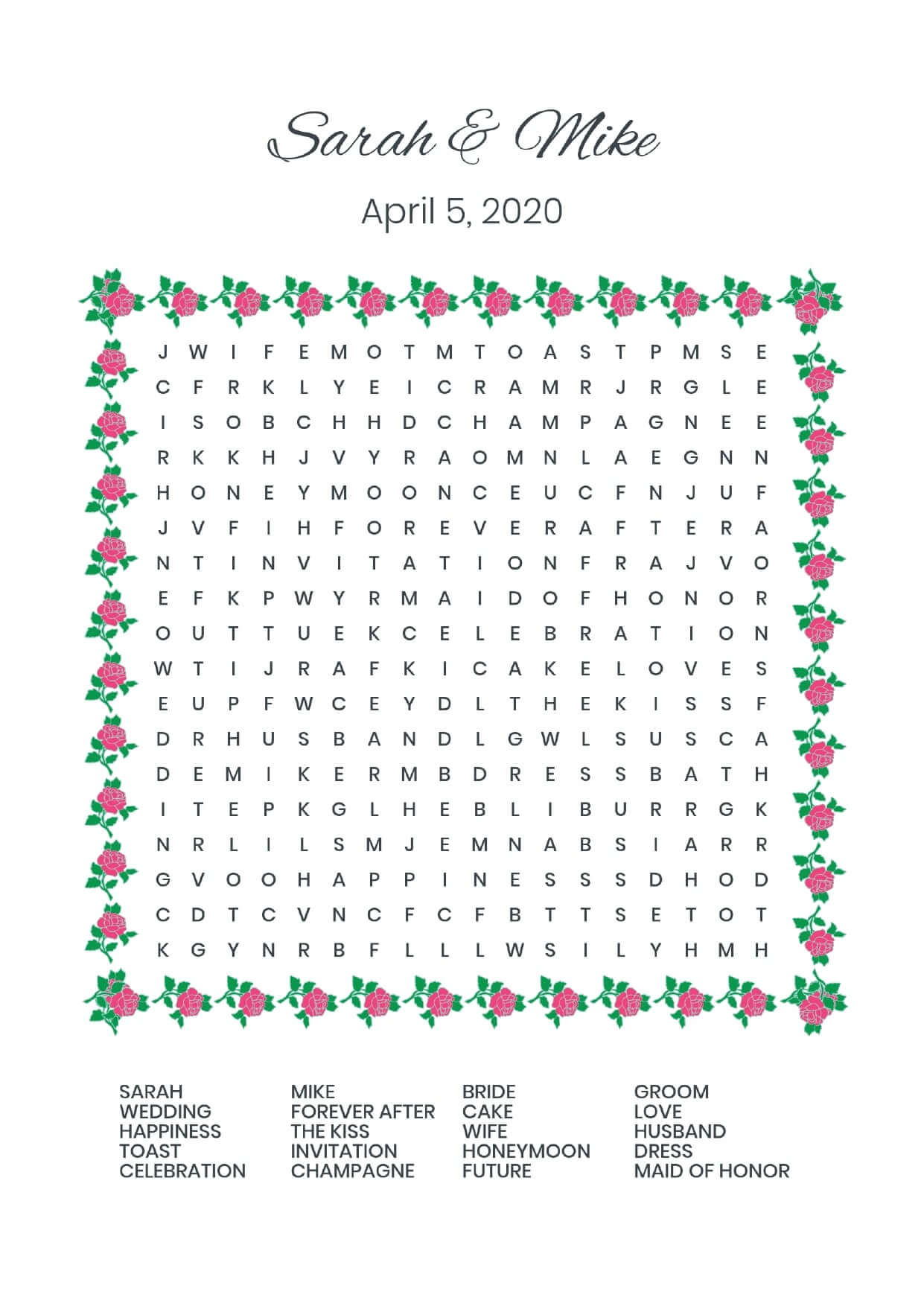 Custom roses wedding wordsearch