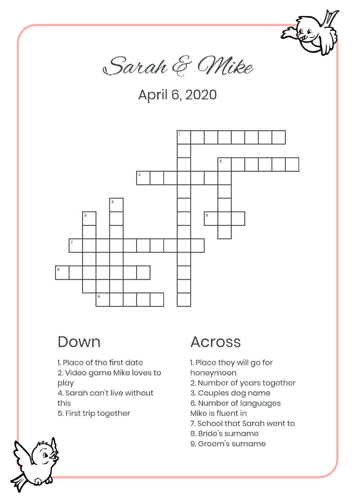 Custom 2 birds wedding crossword