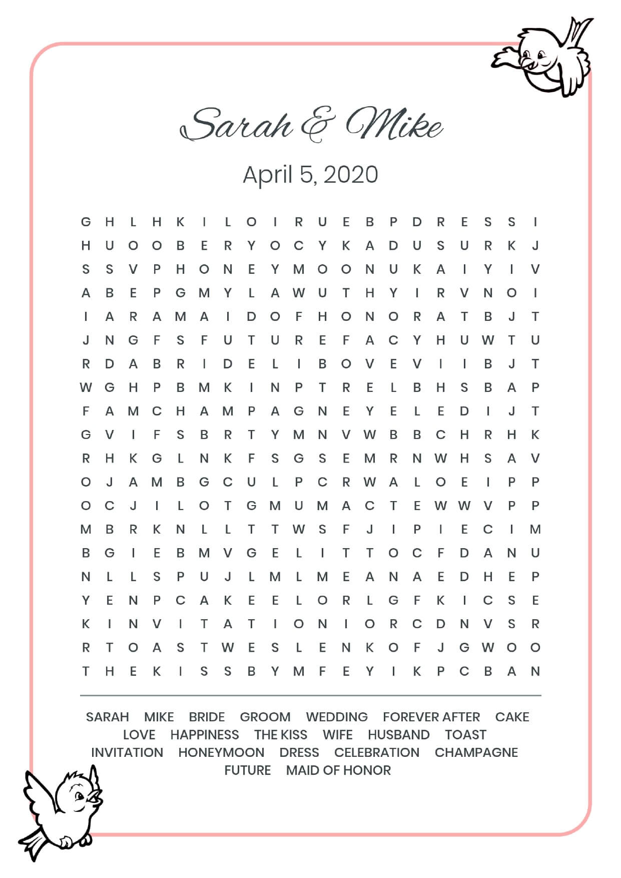 Custom 2 birds wedding wordsearch