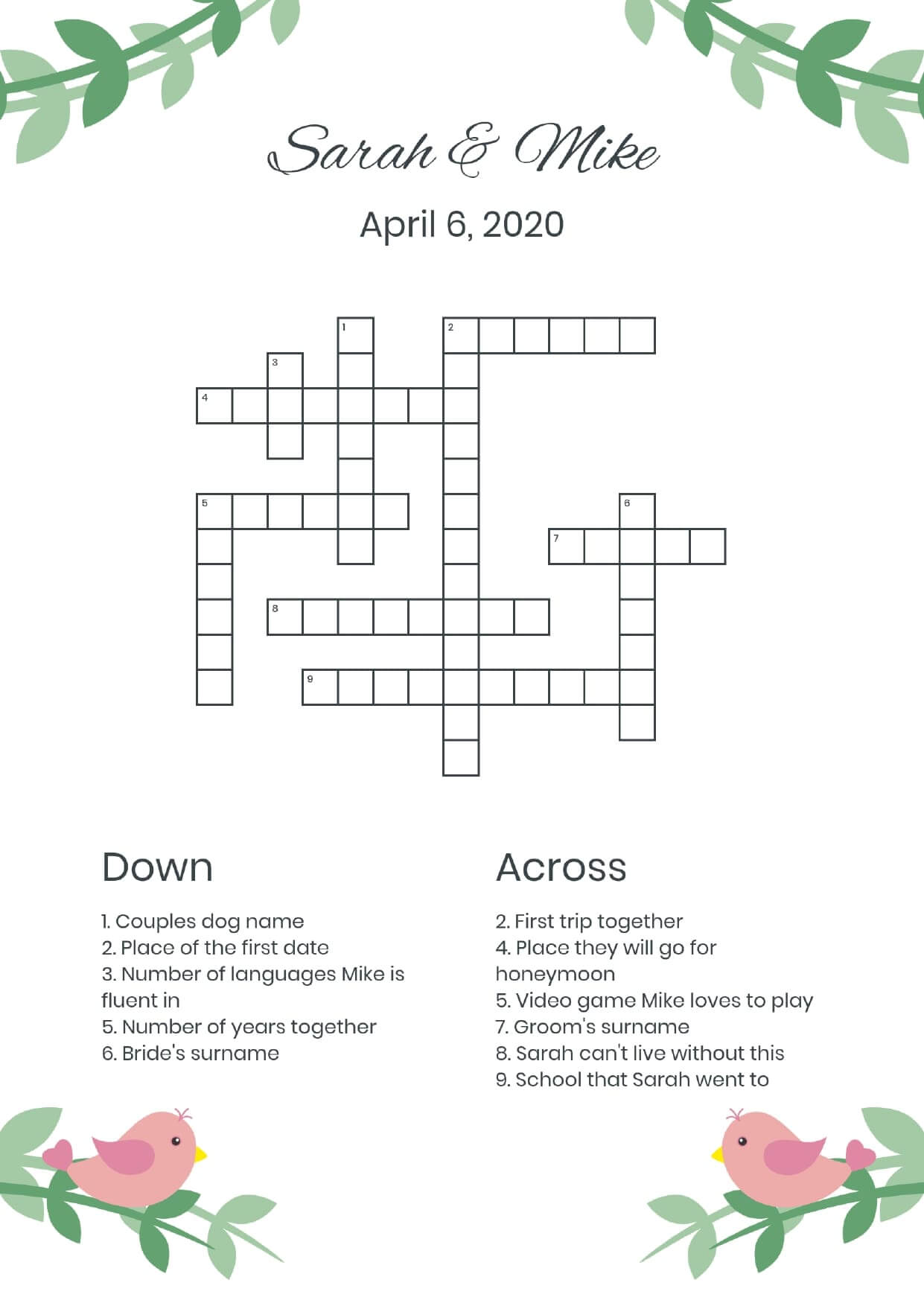 Custom birds wedding crossword