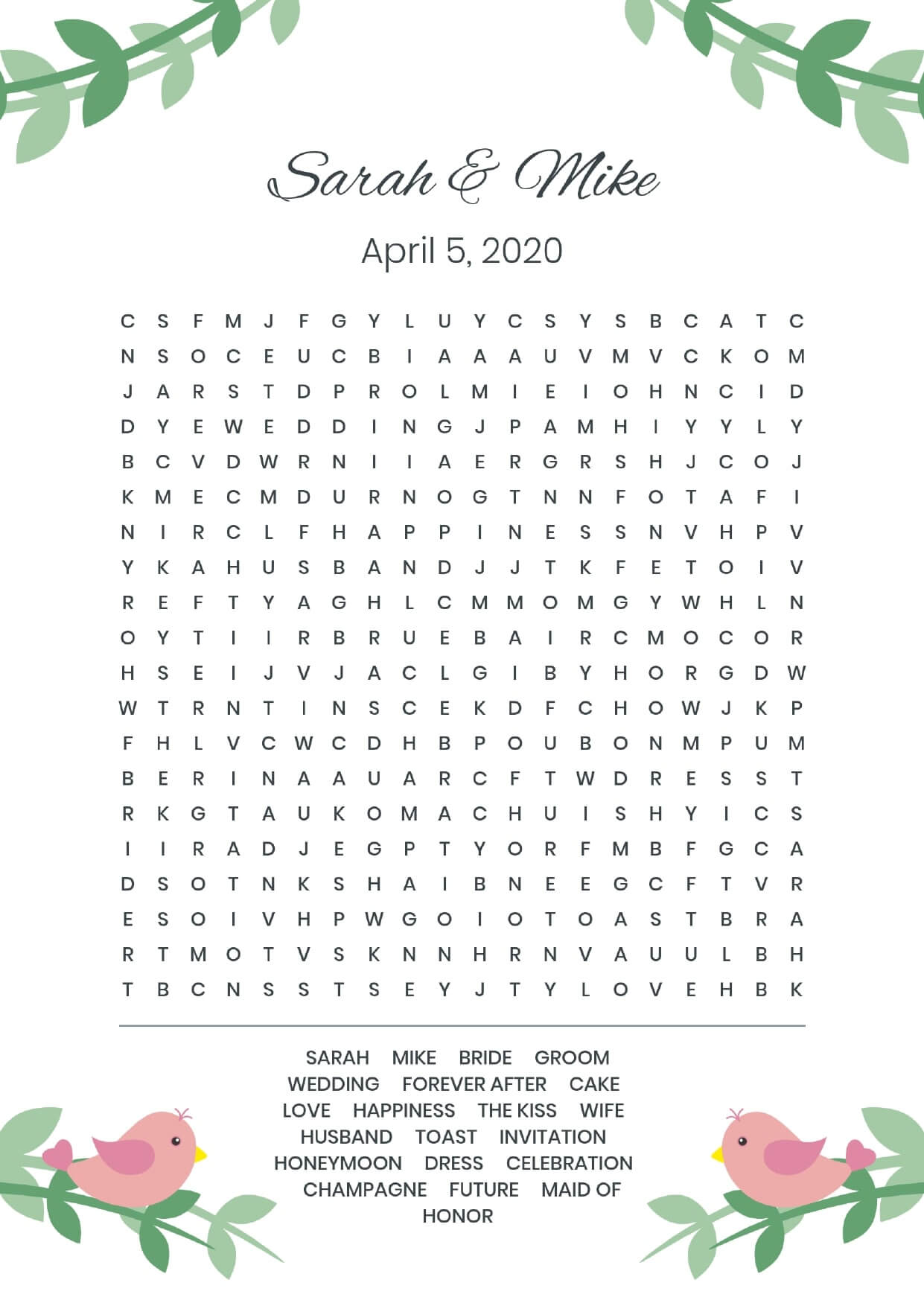 Custom birds wedding wordsearch