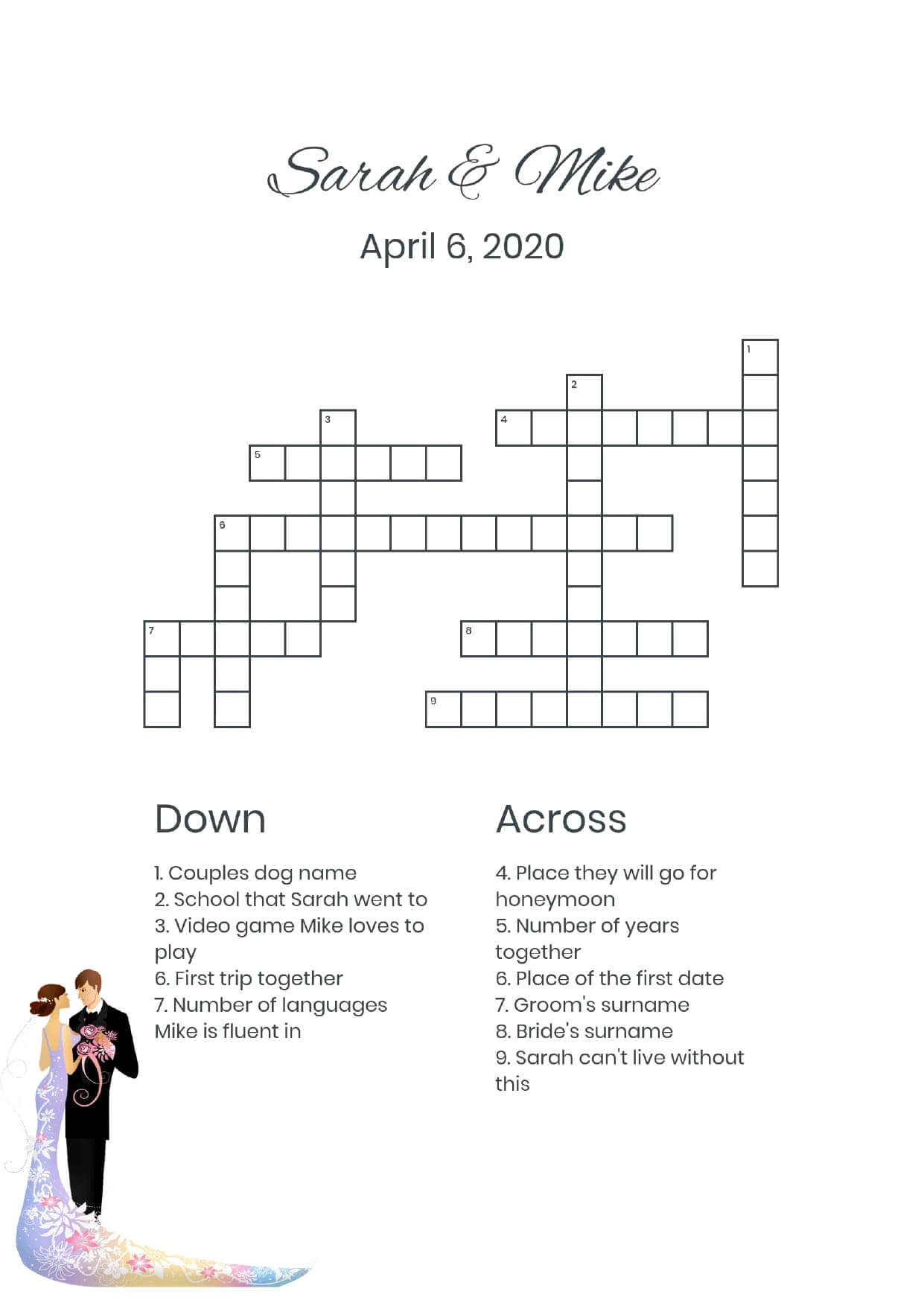 Custom colored couple wedding crossword