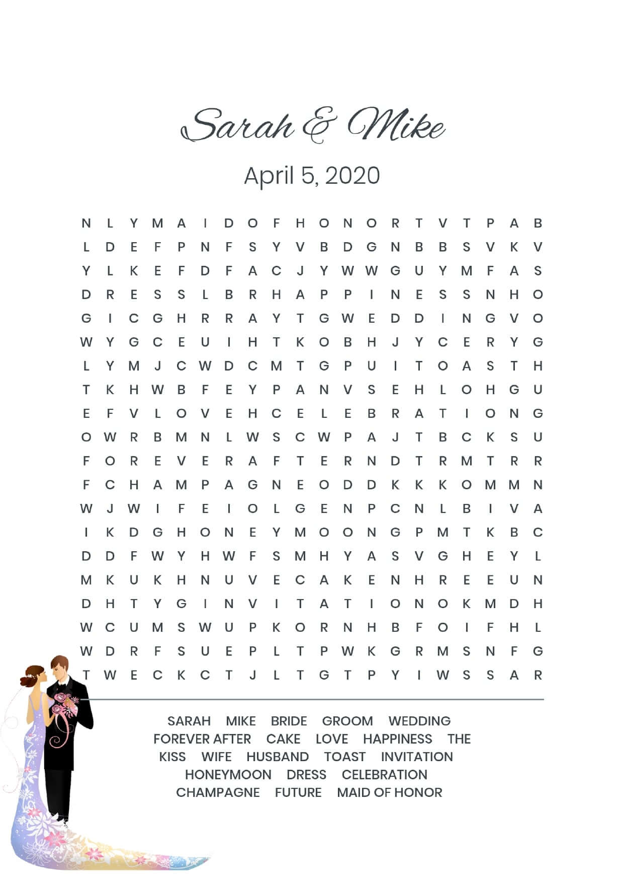 Custom colored couple wedding wordsearch