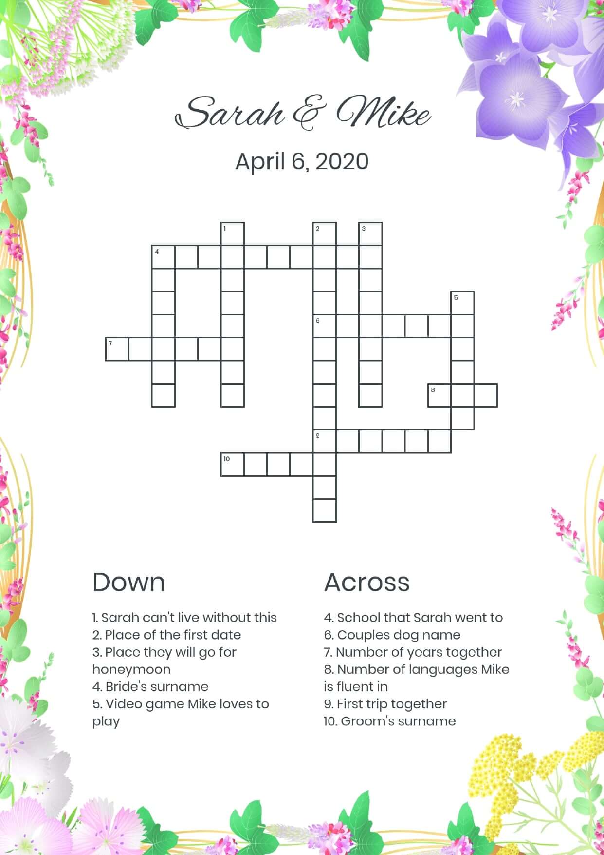 Custom colorful flowers wedding crossword