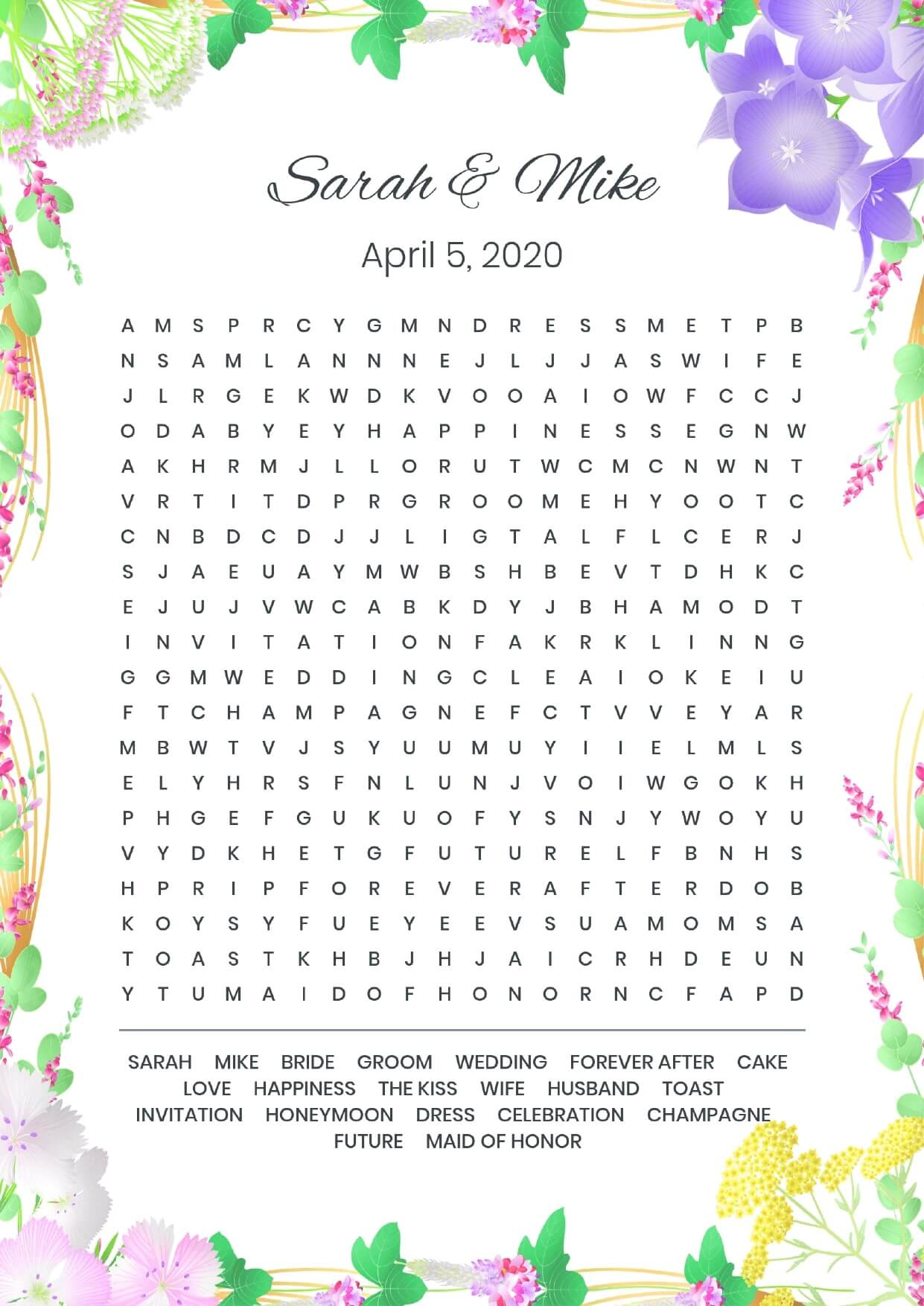 Custom colorful flowers wedding wordsearch