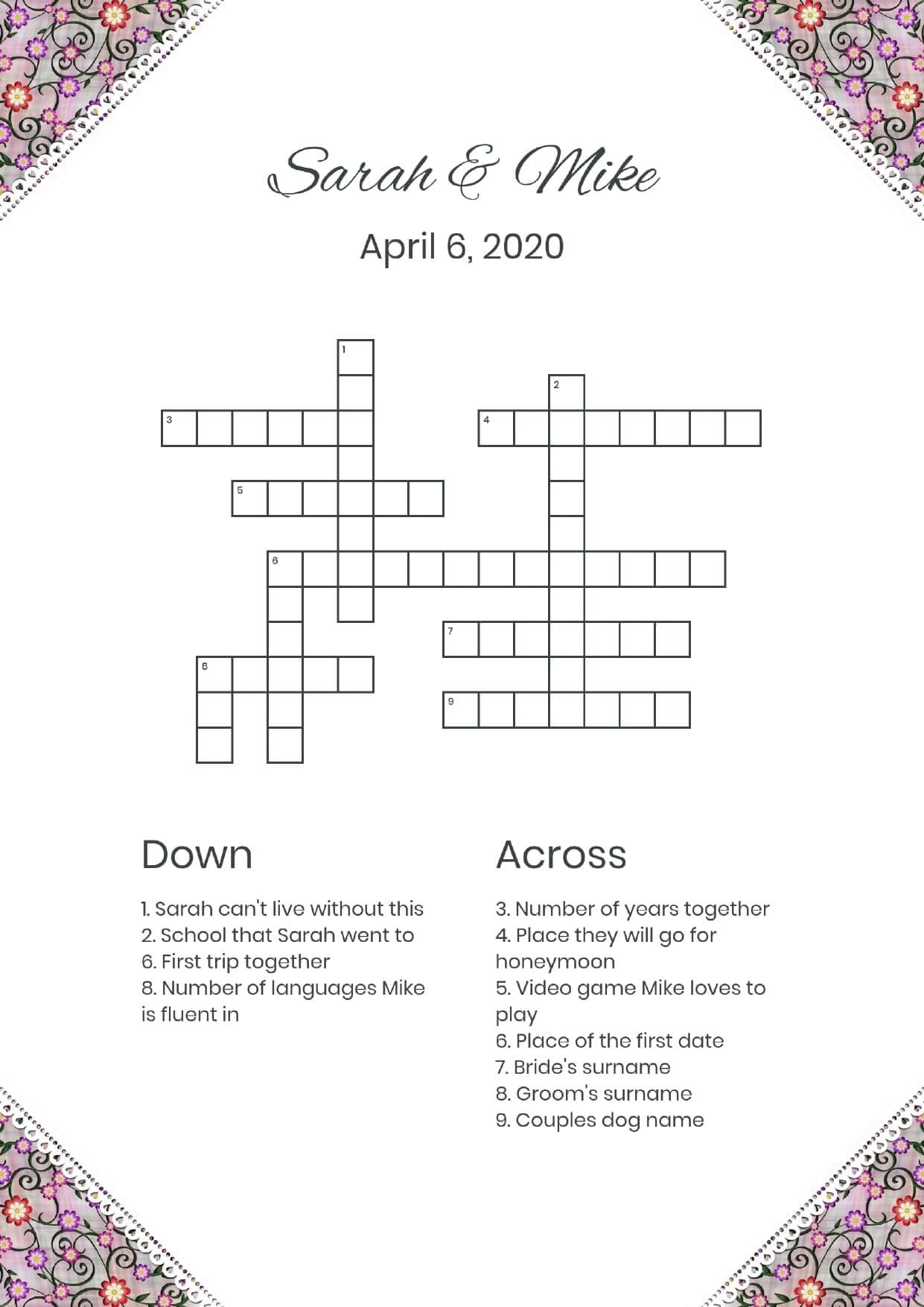 Custom corner flower hearts wedding crossword