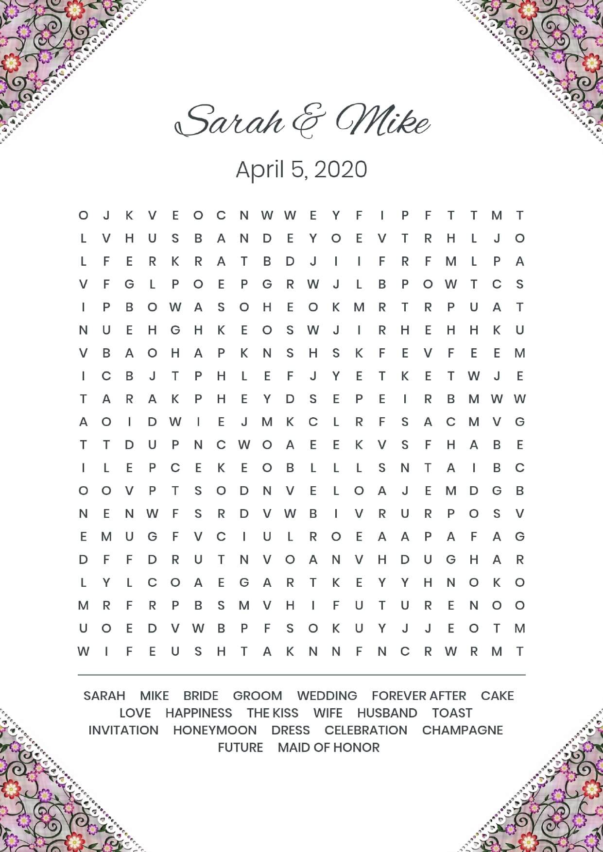 Custom corner flower hearts wedding wordsearch