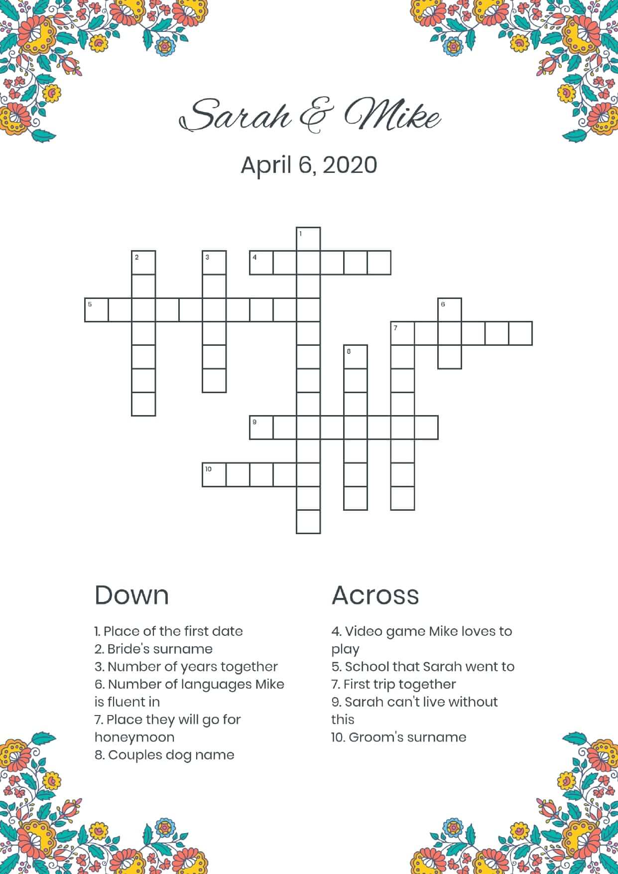 Custom corner flowers oldish wedding crossword