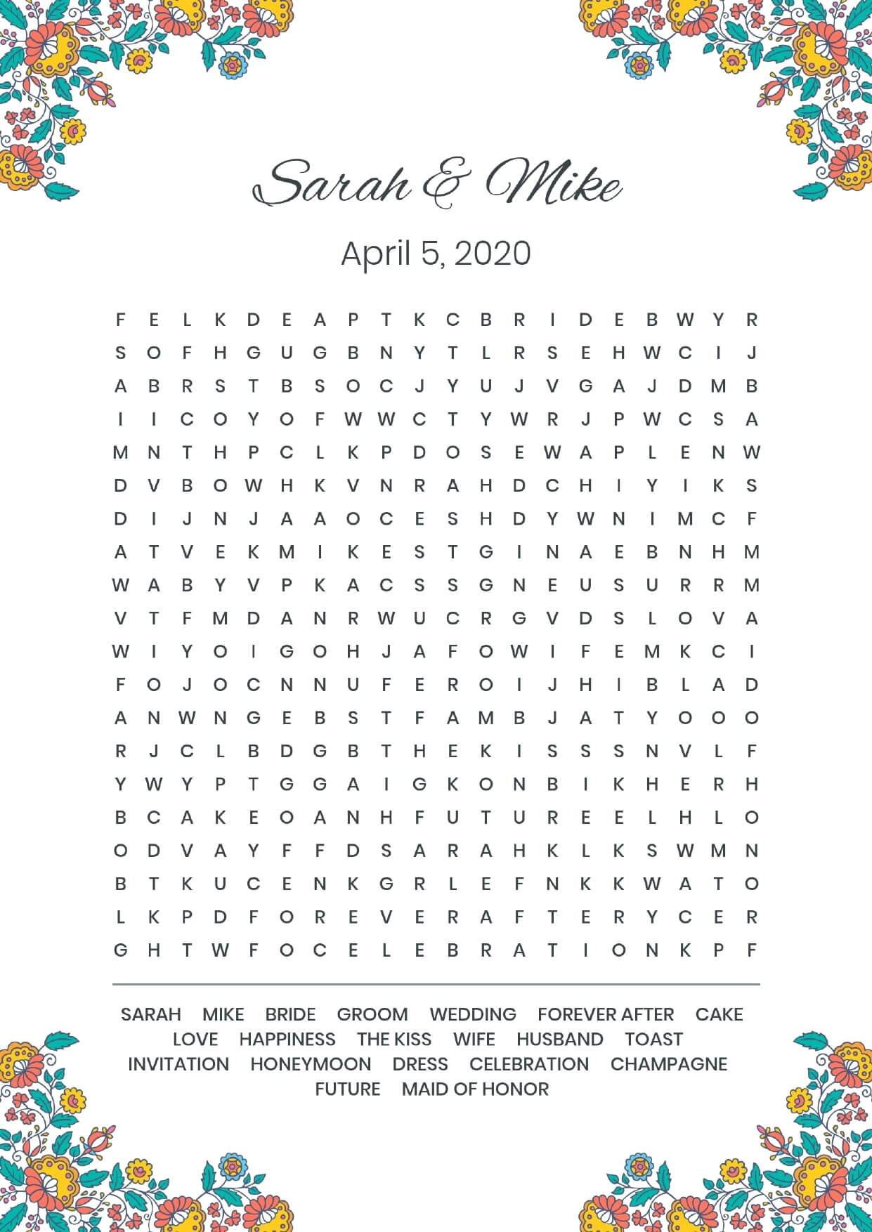Custom corner flowers oldish wedding wordsearch