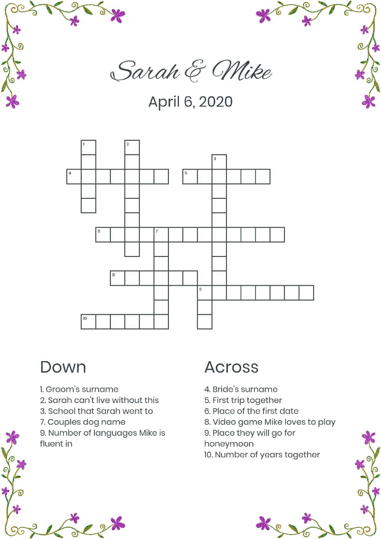Custom corner flowers violet wedding crossword