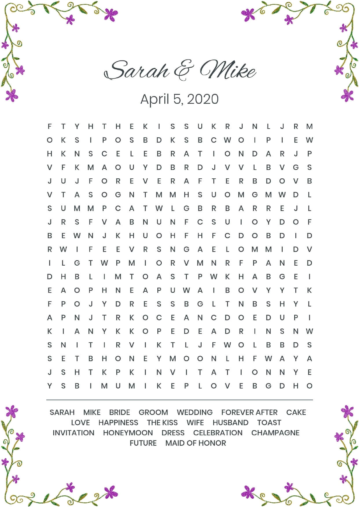 Custom corner flowers violet wedding wordsearch