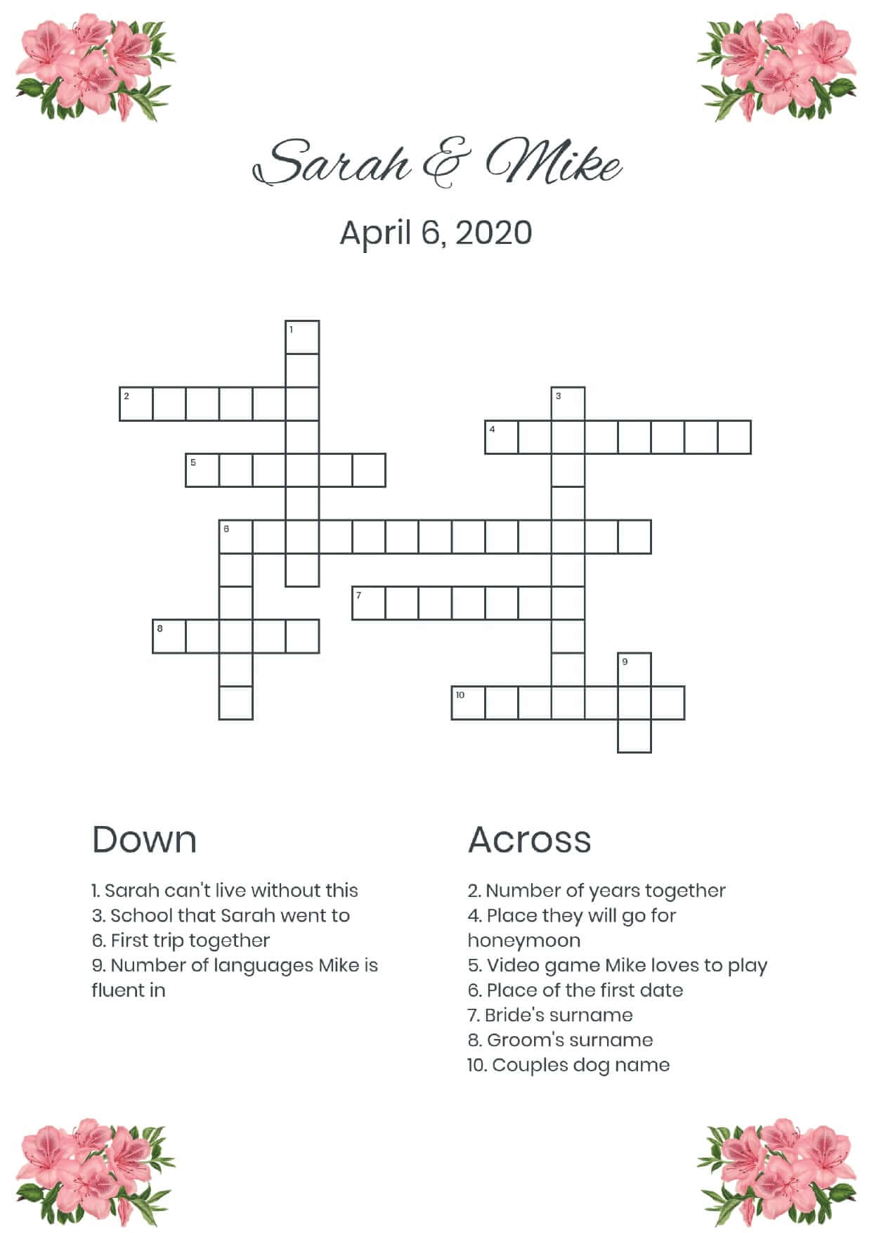 Custom corner flowers wedding crossword