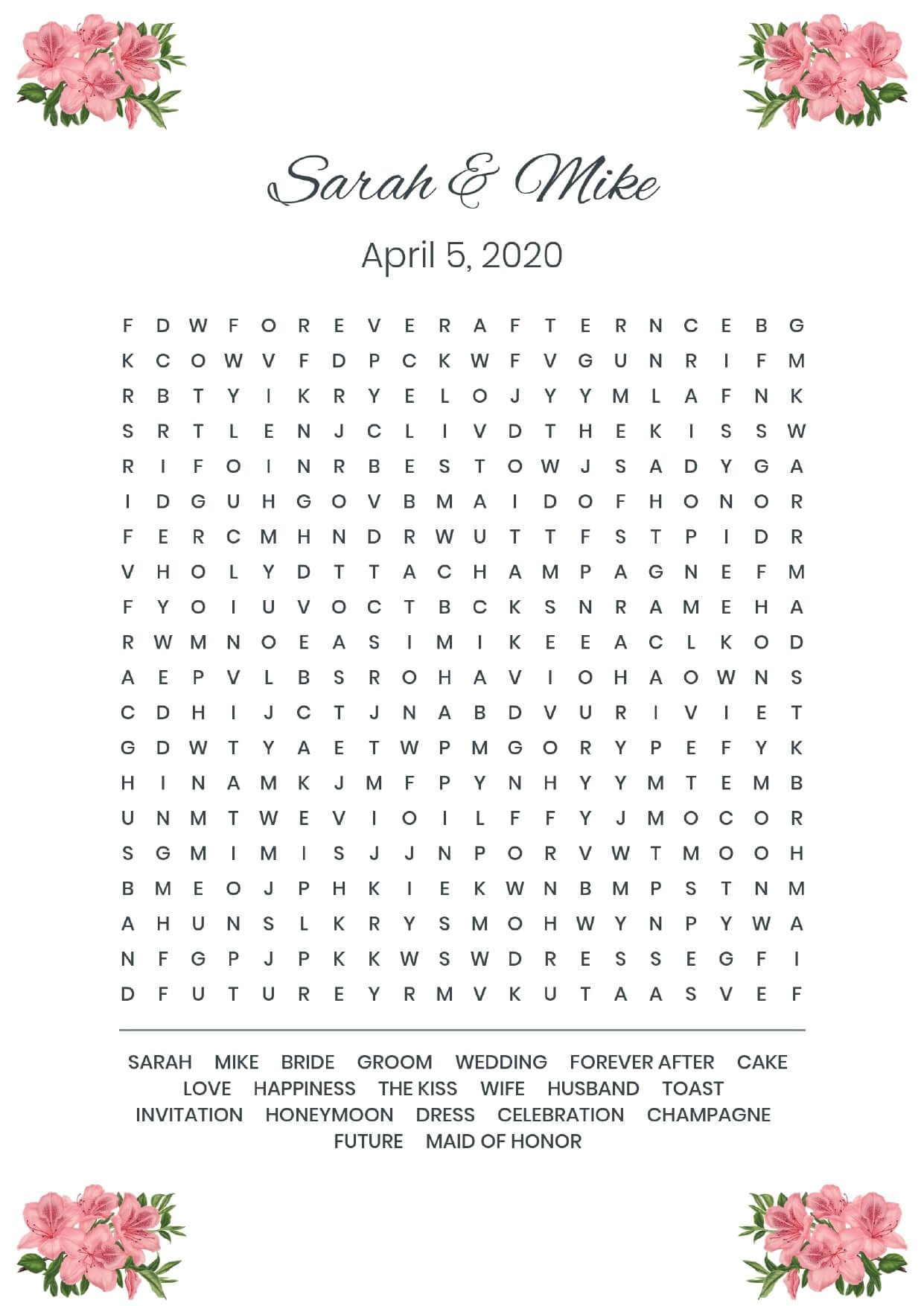 Custom corner flowers wedding wordsearch