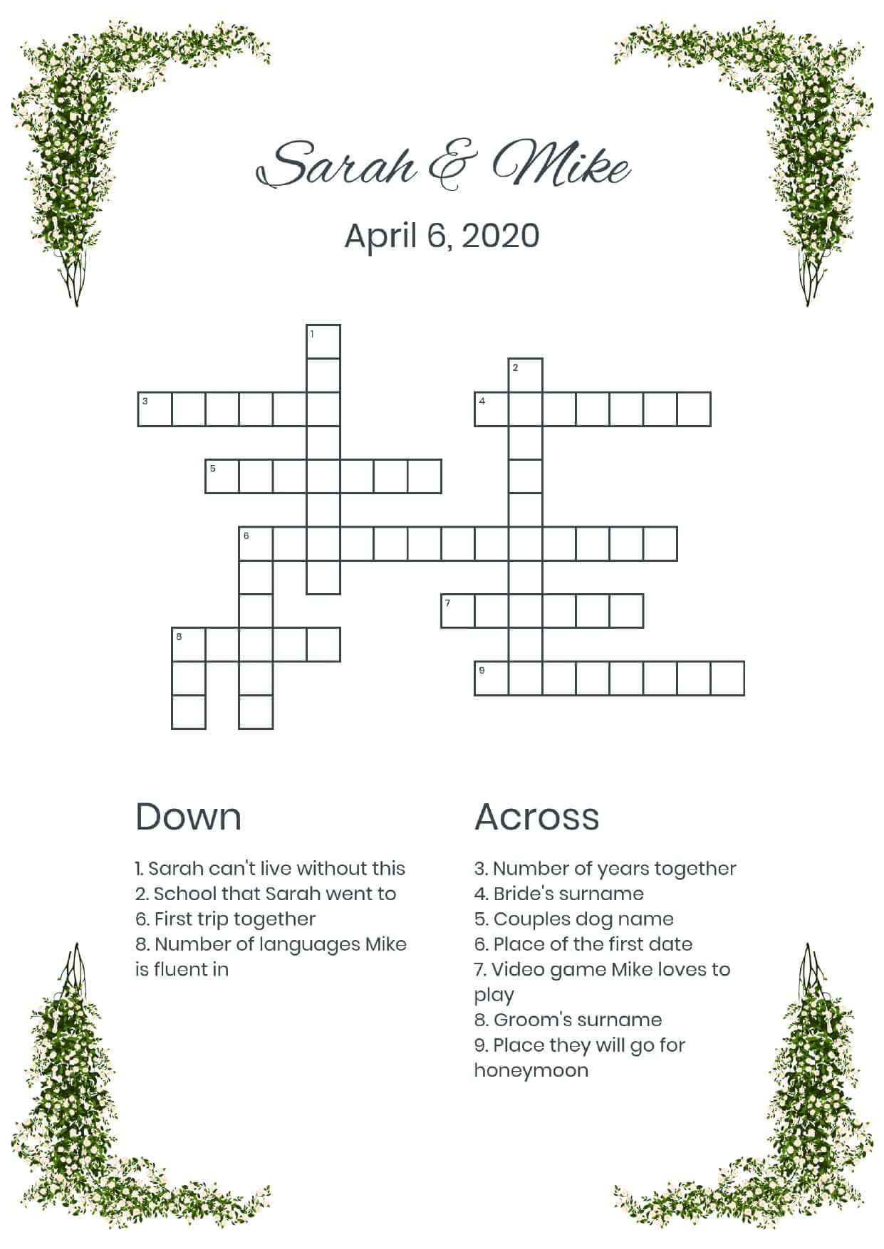 Custom corner flowers white wedding crossword