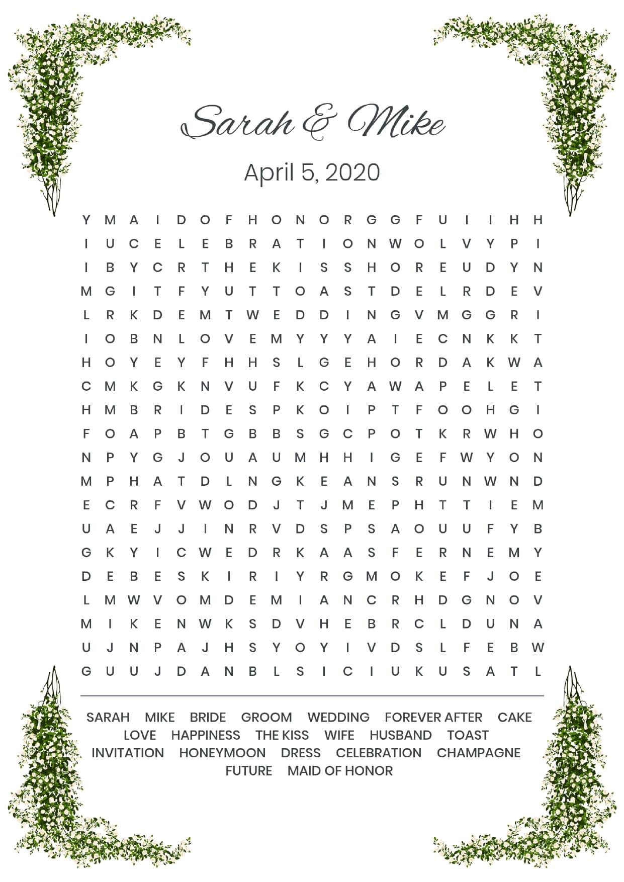 Custom corner flowers white wedding wordsearch