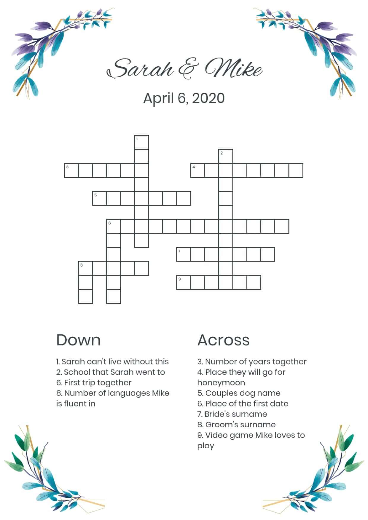 Custom corner leaves wedding crossword