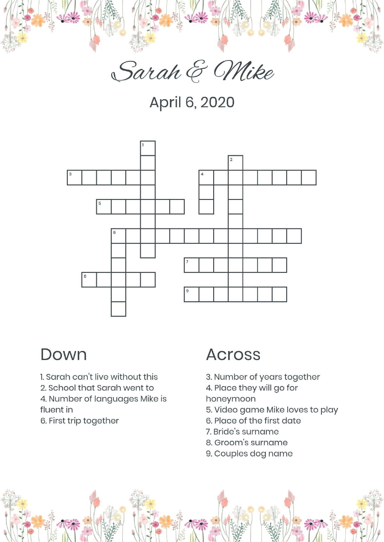Custom field flowers wedding crossword