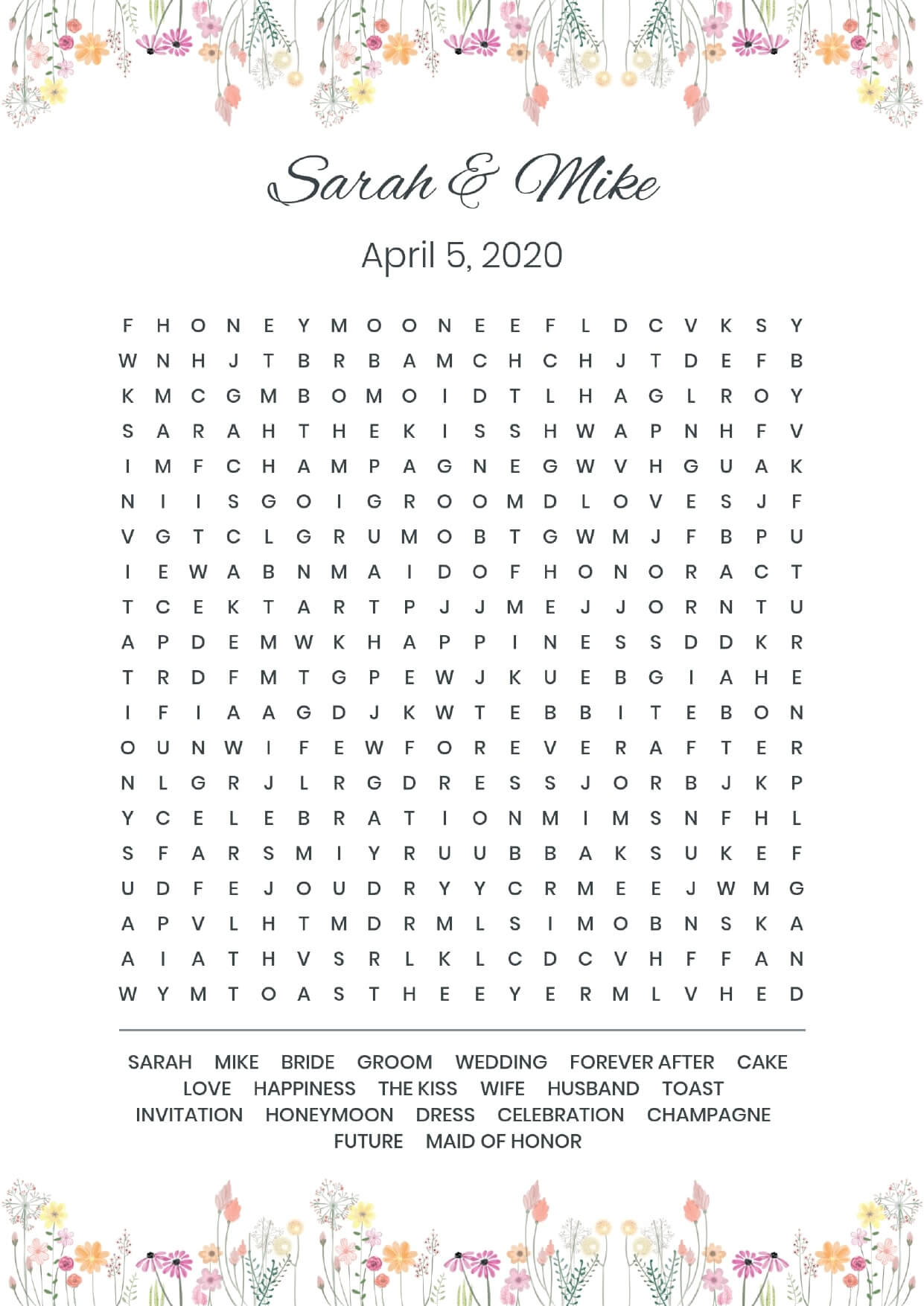 Custom field flowers wedding wordsearch