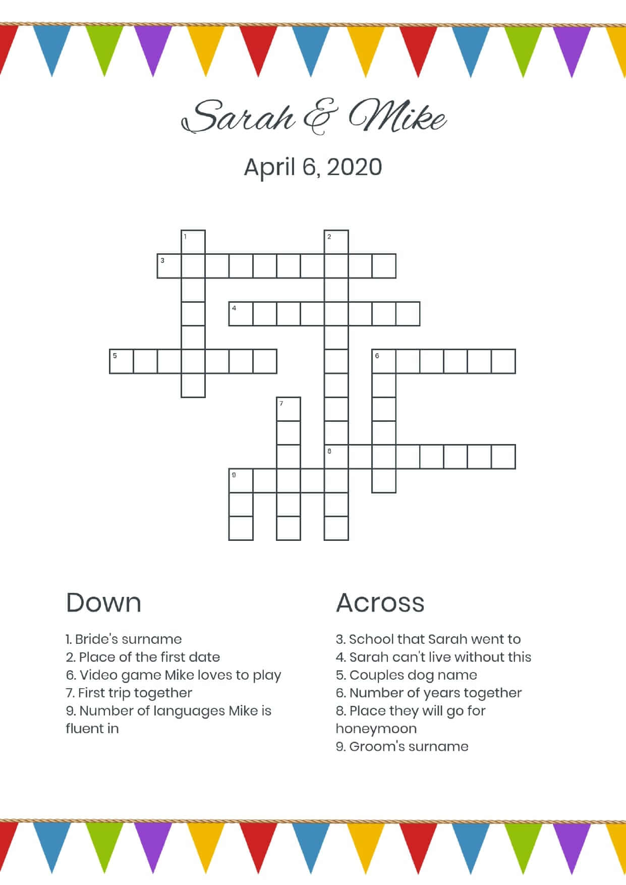 Custom flags wedding crossword