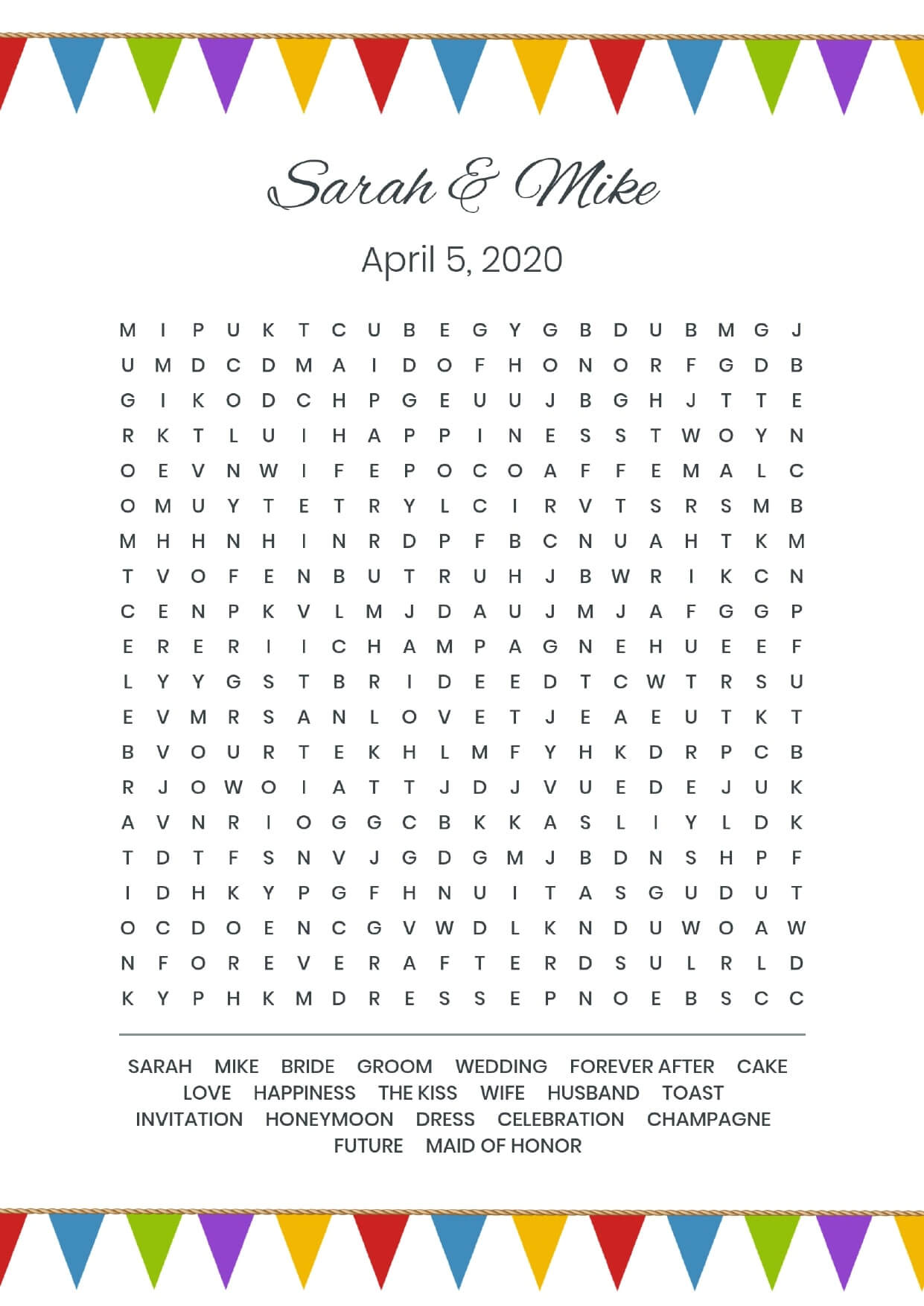 Custom flags wedding wordsearch