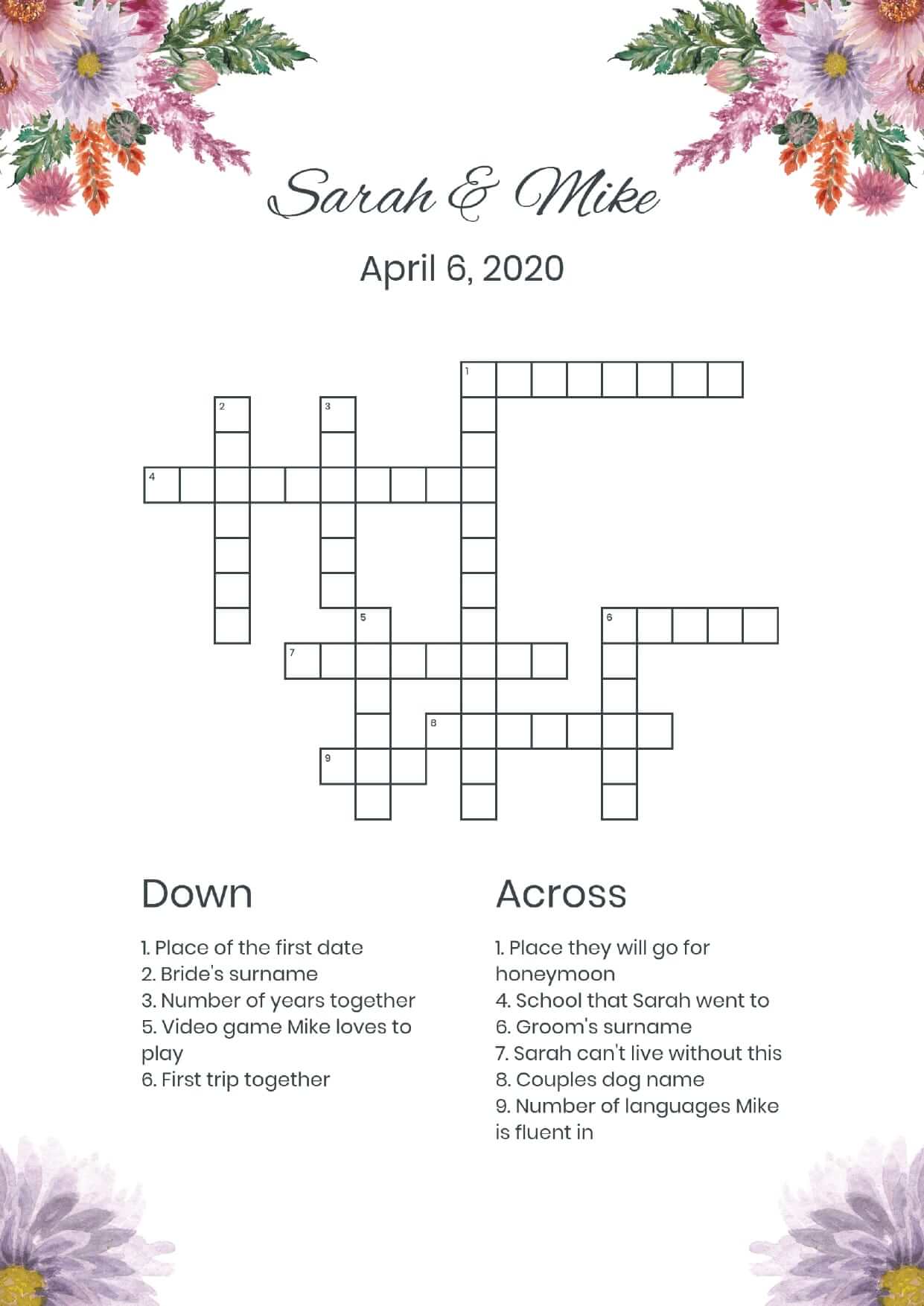 Custom pastel flowers wedding crossword