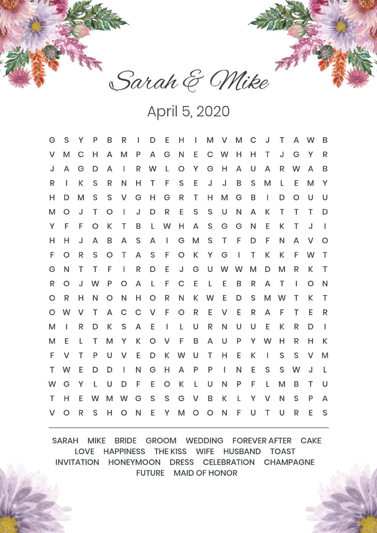Custom pastel flowers wedding wordsearch