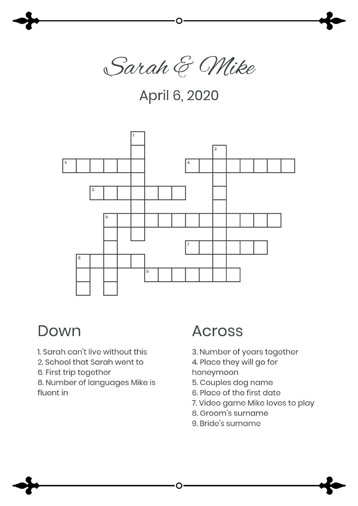 Custom pikes wedding crossword