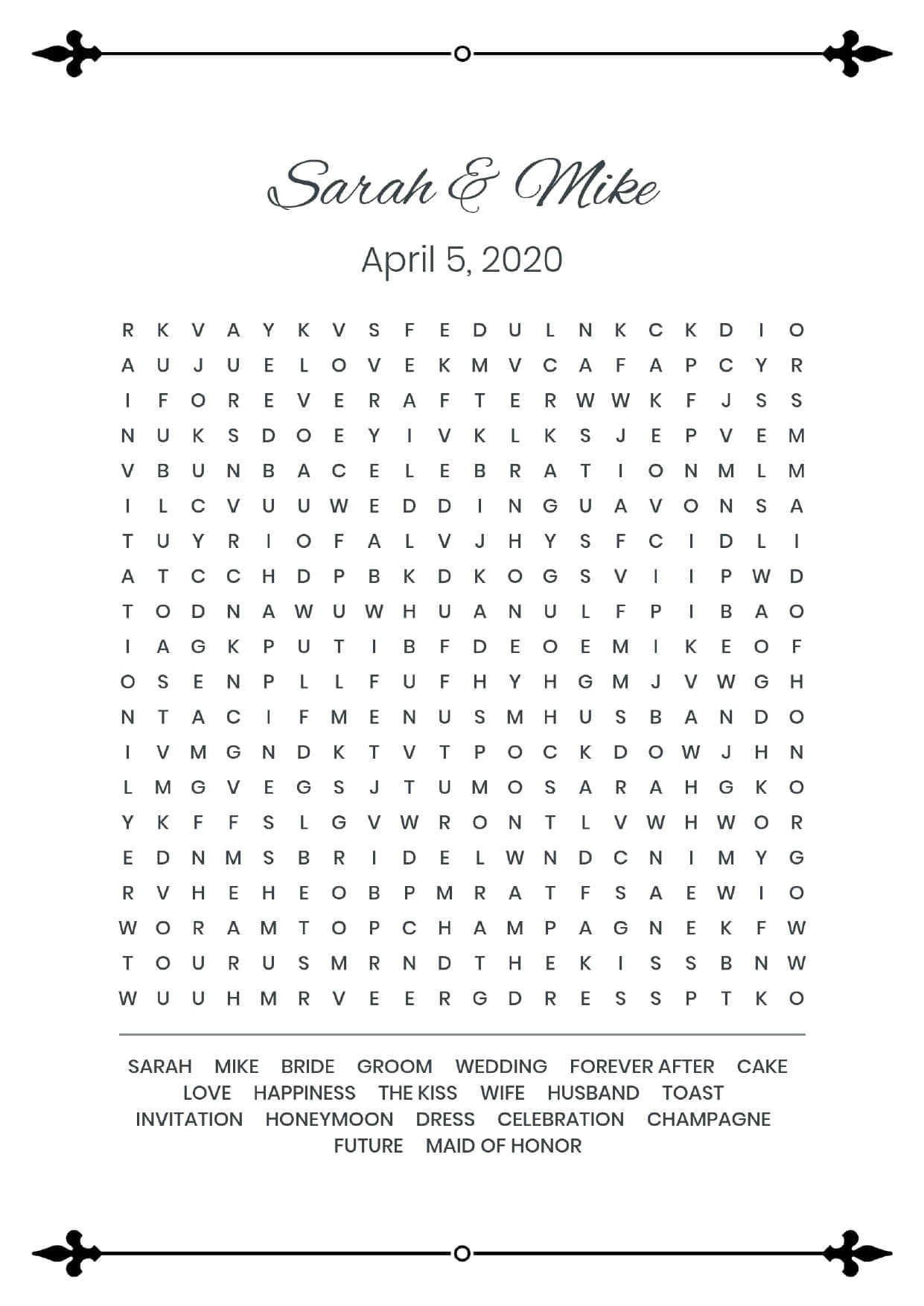 Custom pikes wedding wordsearch